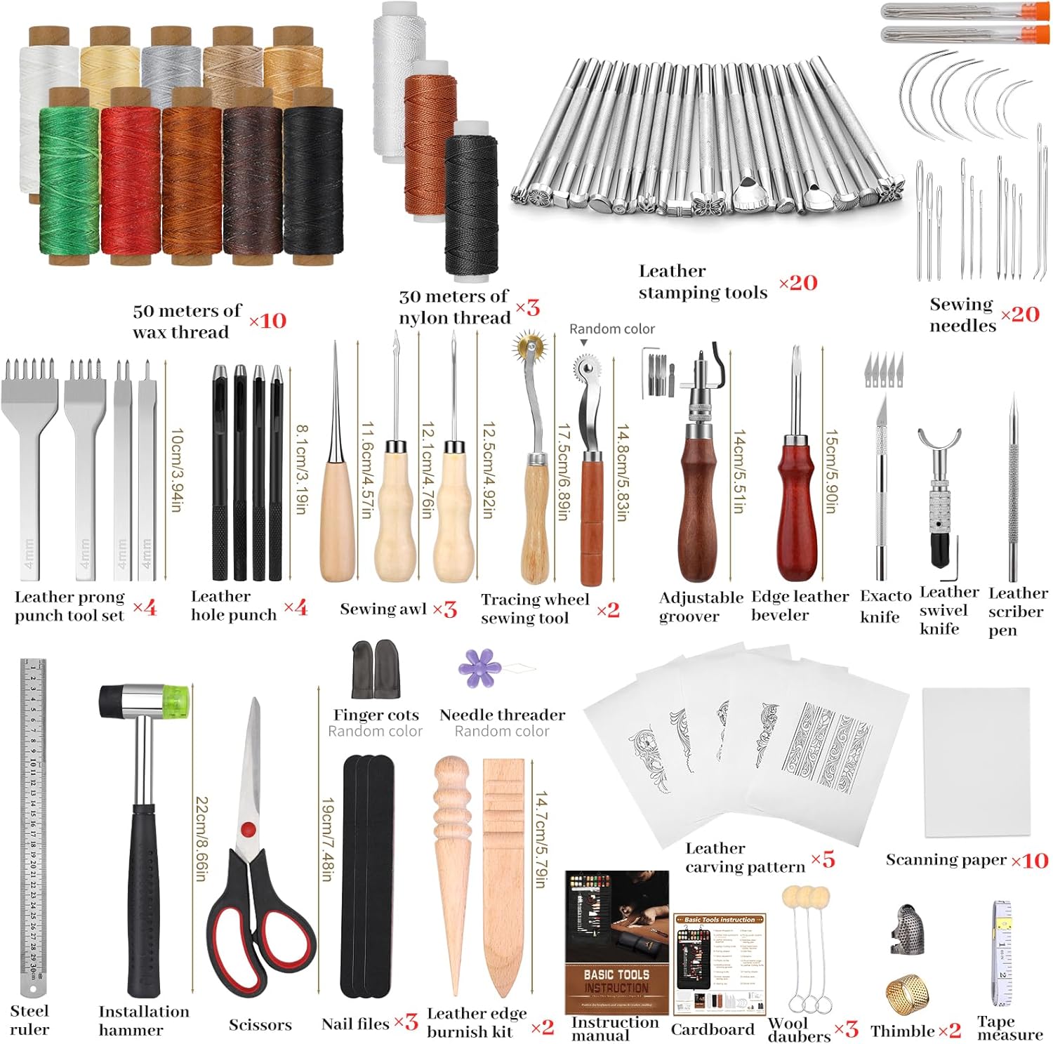 QMNNMA 102PCS Leather Working Tools Leather Crafting Kit with Custom Storage Bag, Stamping Tools for Sewing, Carving, Cutting, Punching, Stamping