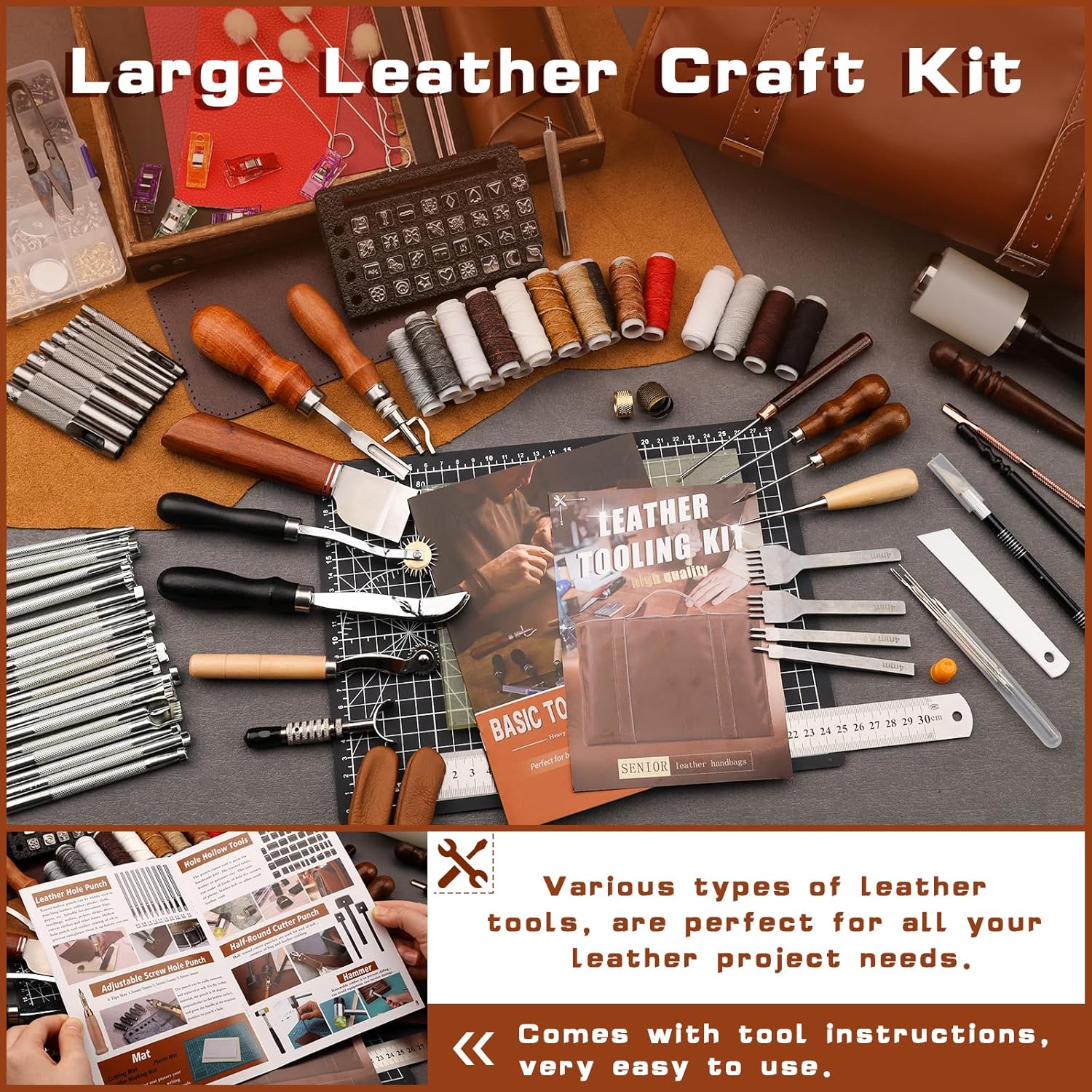 Alternative view of TLKKUE Leather Tooling Kit Leather Craft Tools Leatherworking Kit with Custom Handbag Cutting Mats Engraving Punching Sewing Stamping Sanding Tools for Handicraft Work Professional