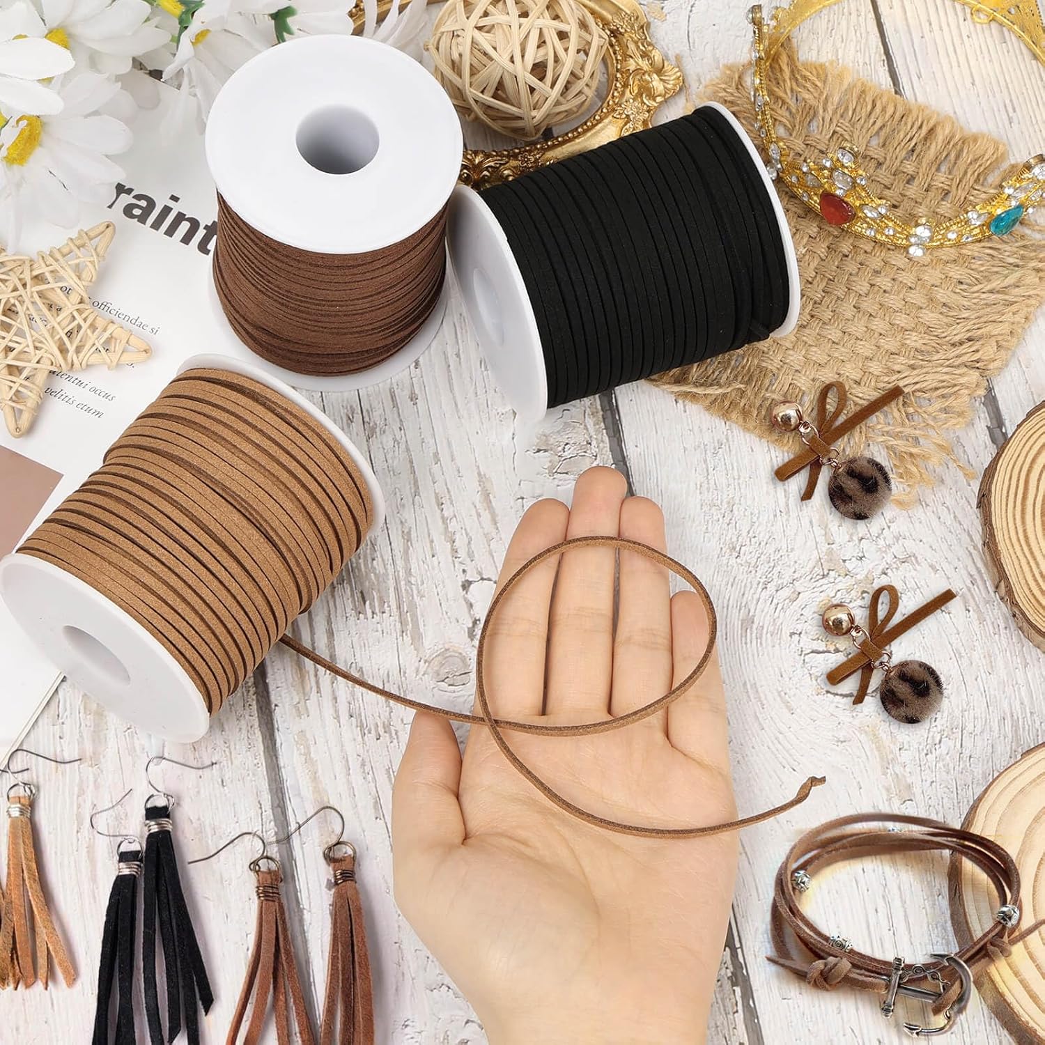 Anezus 3 Rolls Flat Leather String Cord, Suede Ribbon for Jewelry Making, Leather Twine for Crafts, Thin Leather Shoe Laces for Boots, Faux Leather Strips for Bracelets, Necklaces