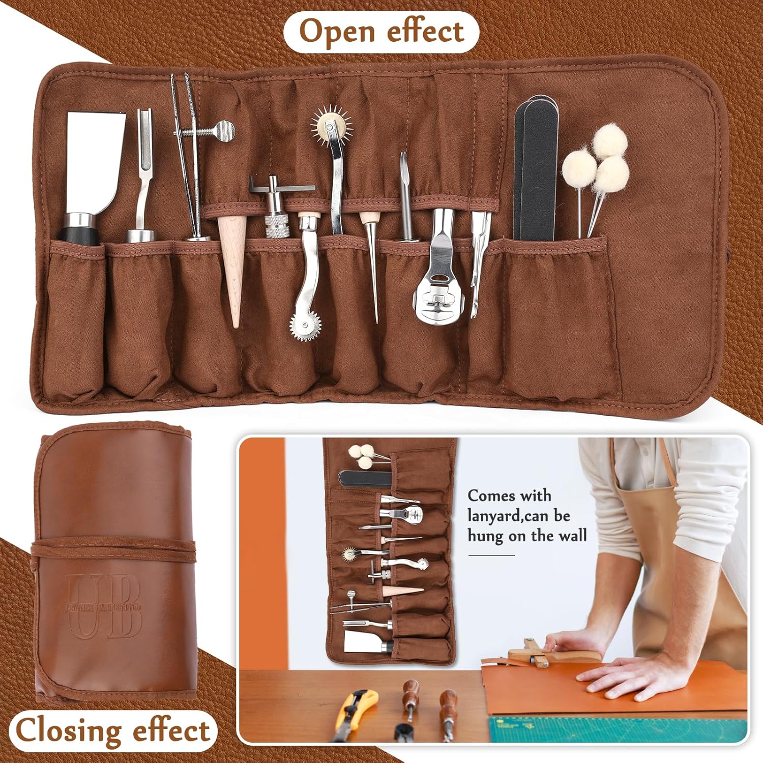 Alternative view of Leather Working Tools, Leather Craft Tools Kit with Awl Stitching Punch Hole Sewing Needles for Leathercraft Beginner Carving Stamping Repair Projects