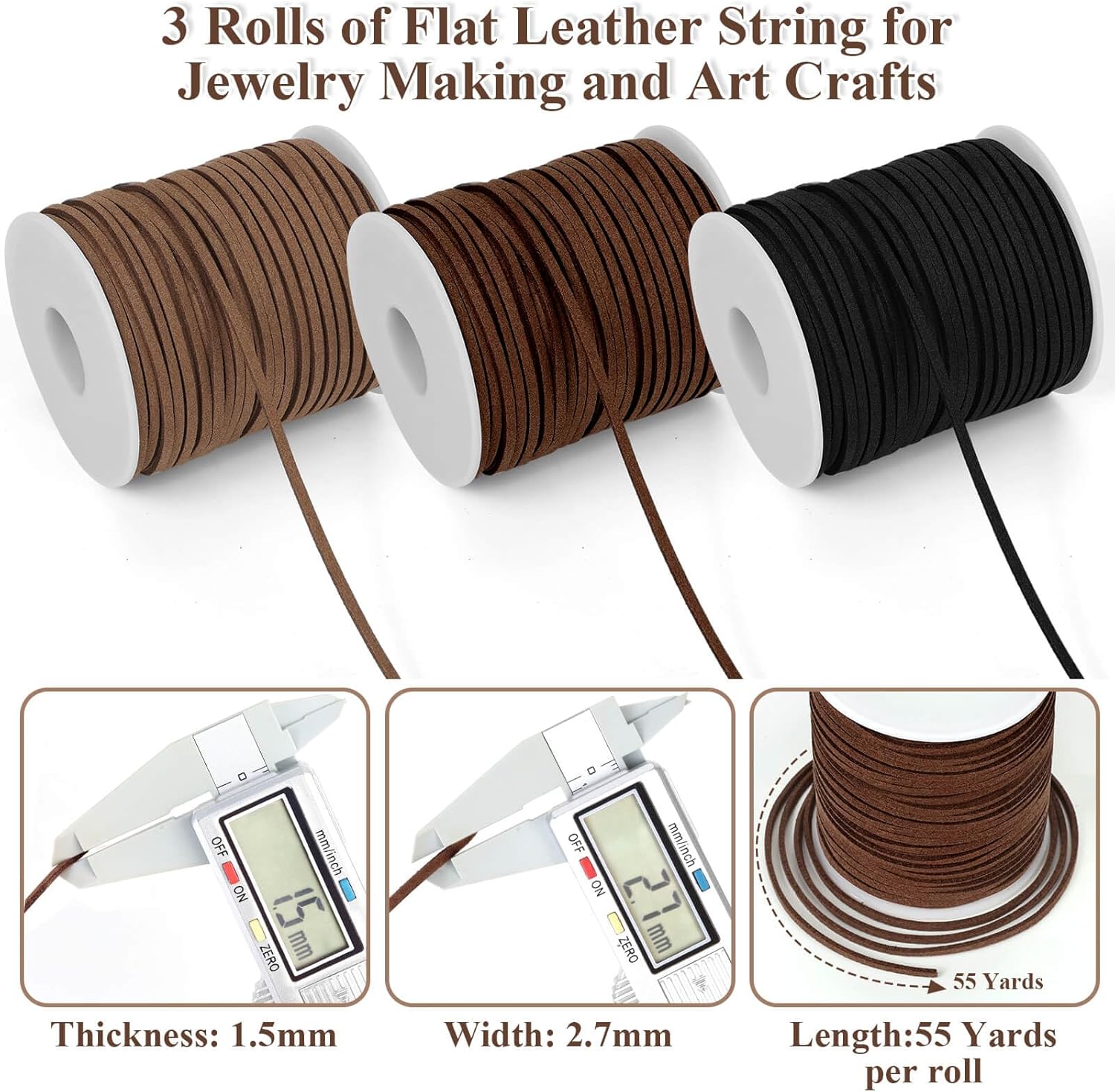 Alternative view of Anezus 3 Rolls Flat Leather String Cord, Suede Ribbon for Jewelry Making, Leather Twine for Crafts, Thin Leather Shoe Laces for Boots, Faux Leather Strips for Bracelets, Necklaces