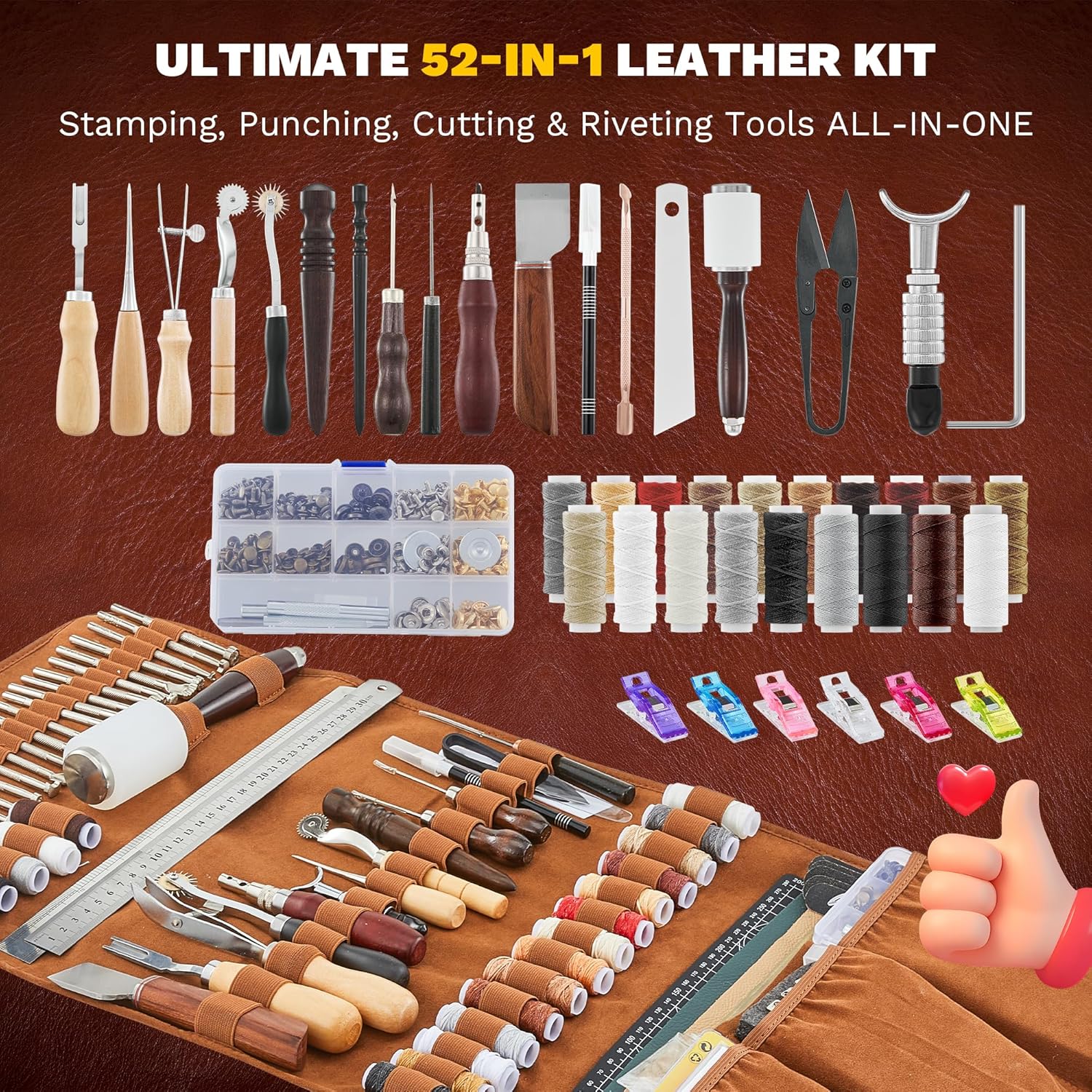 SAKERNEO Leather Working Tools kit Max Version with Custom Handbag Cutting Mats Engraving Punching Sewing Stamping Sanding Tools for Handicraft Work,Repair