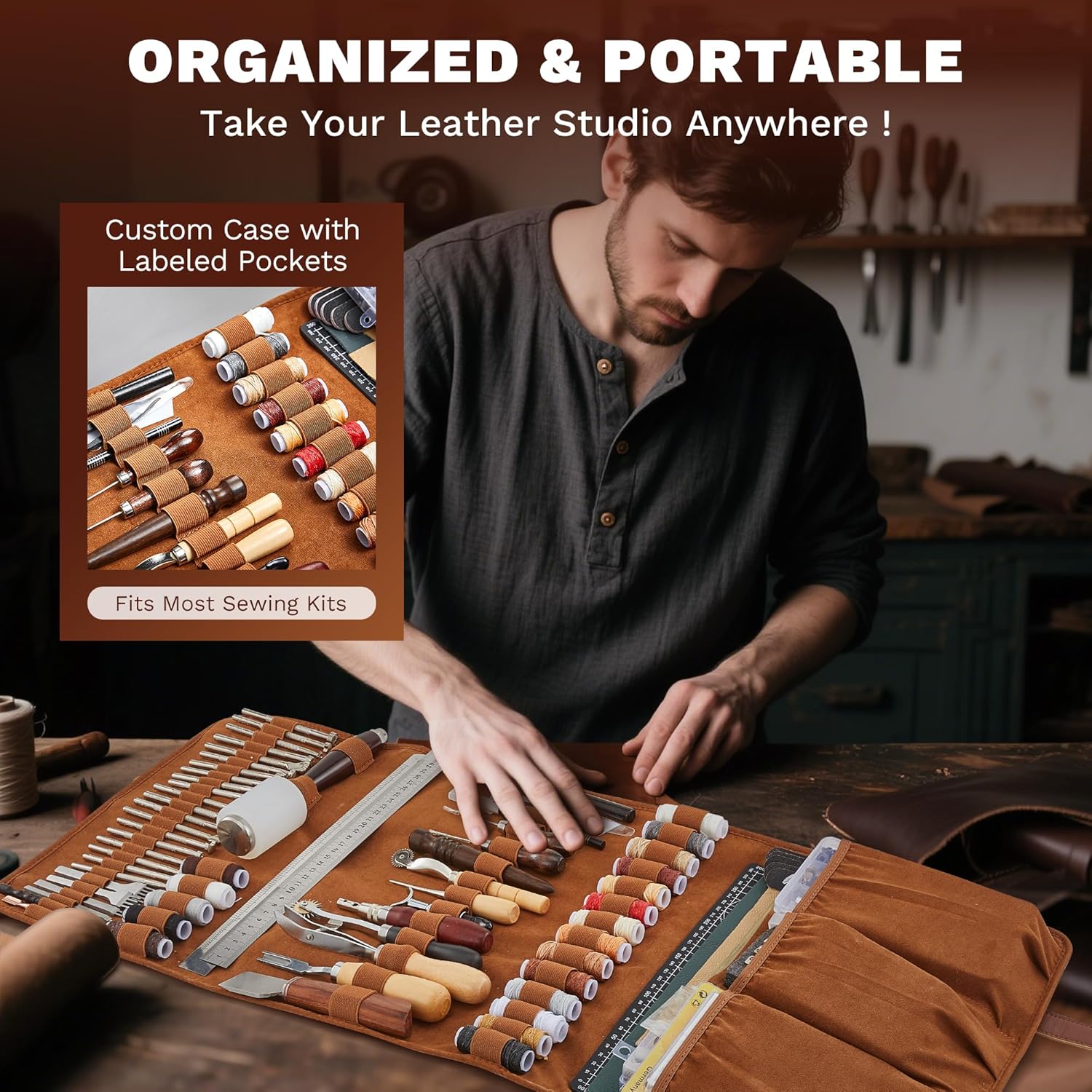 Alternative view of SAKERNEO Leather Working Tools kit Max Version with Custom Handbag Cutting Mats Engraving Punching Sewing Stamping Sanding Tools for Handicraft Work,Repair