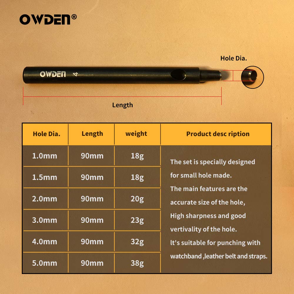 OWDEN Professional 6Pcs. Leather Hollow Punch Set. Size: 1.0-5.0mm for Belt, Watch Band and Strap Gasket. with a Free mini Cutting mat.