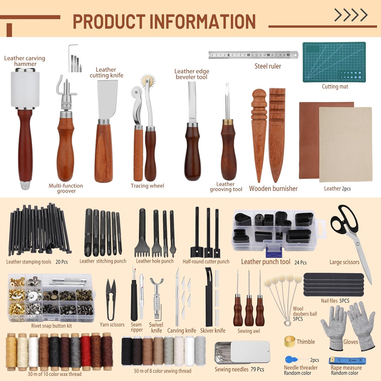Leather Working Tools Kit, Leather Tooling Kit with Double Layer Storage Box, Heavy Duty Sewing Kit, Professional Working Tools and Supplies for DIY Stamping Cutting Engraving Punching Sewing