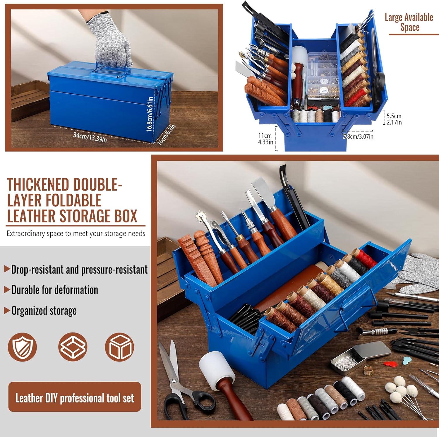 Alternative view of Leather Working Tools Kit, Leather Tooling Kit with Double Layer Storage Box, Heavy Duty Sewing Kit, Professional Working Tools and Supplies for DIY Stamping Cutting Engraving Punching Sewing