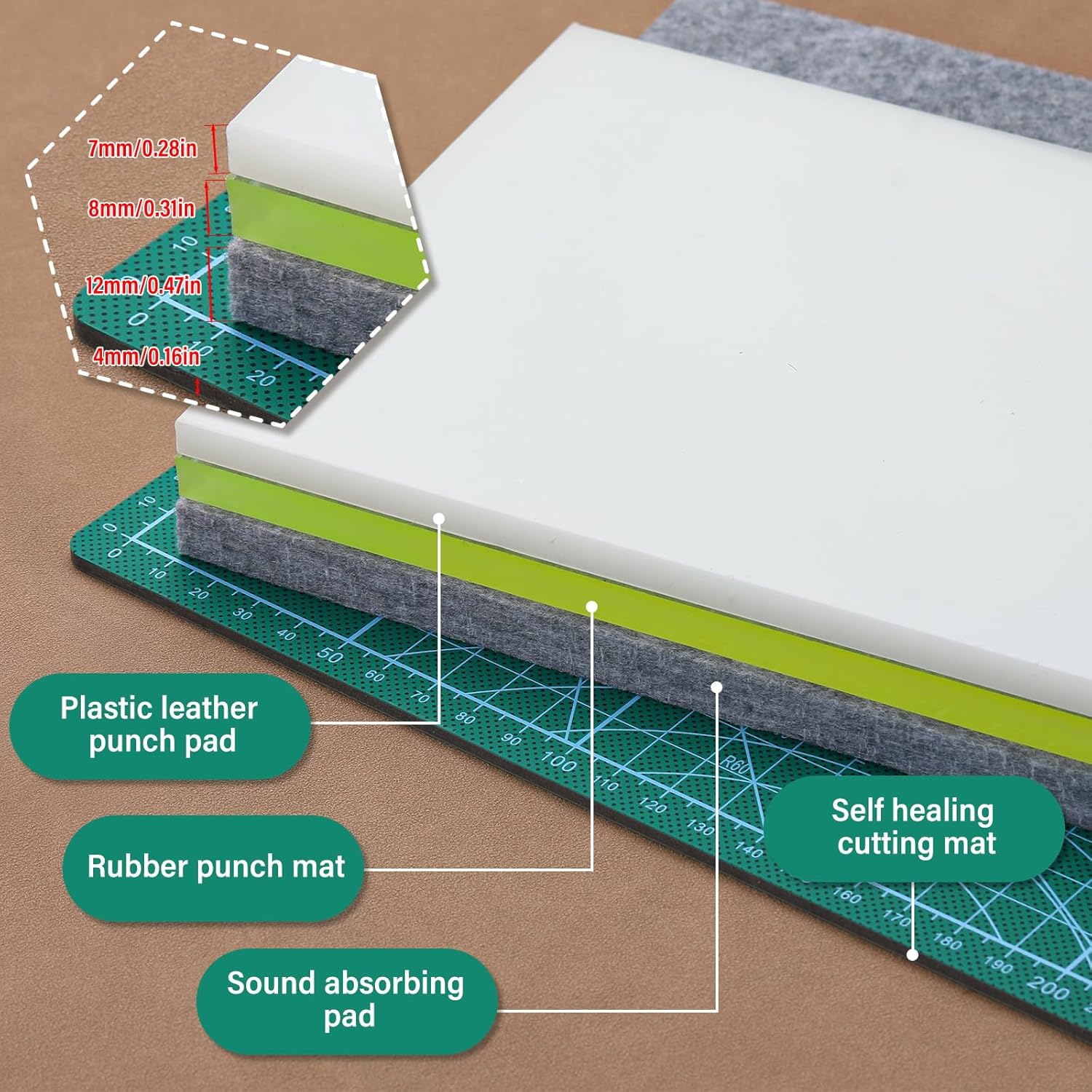 Alternative view of 4 Pcs Leather Punch Pads, Leather Cutting Mat, Sound Absorbing Pad and A4 Self Healing Cutting Mat, Punching Tools for DIY Craft Lovers
