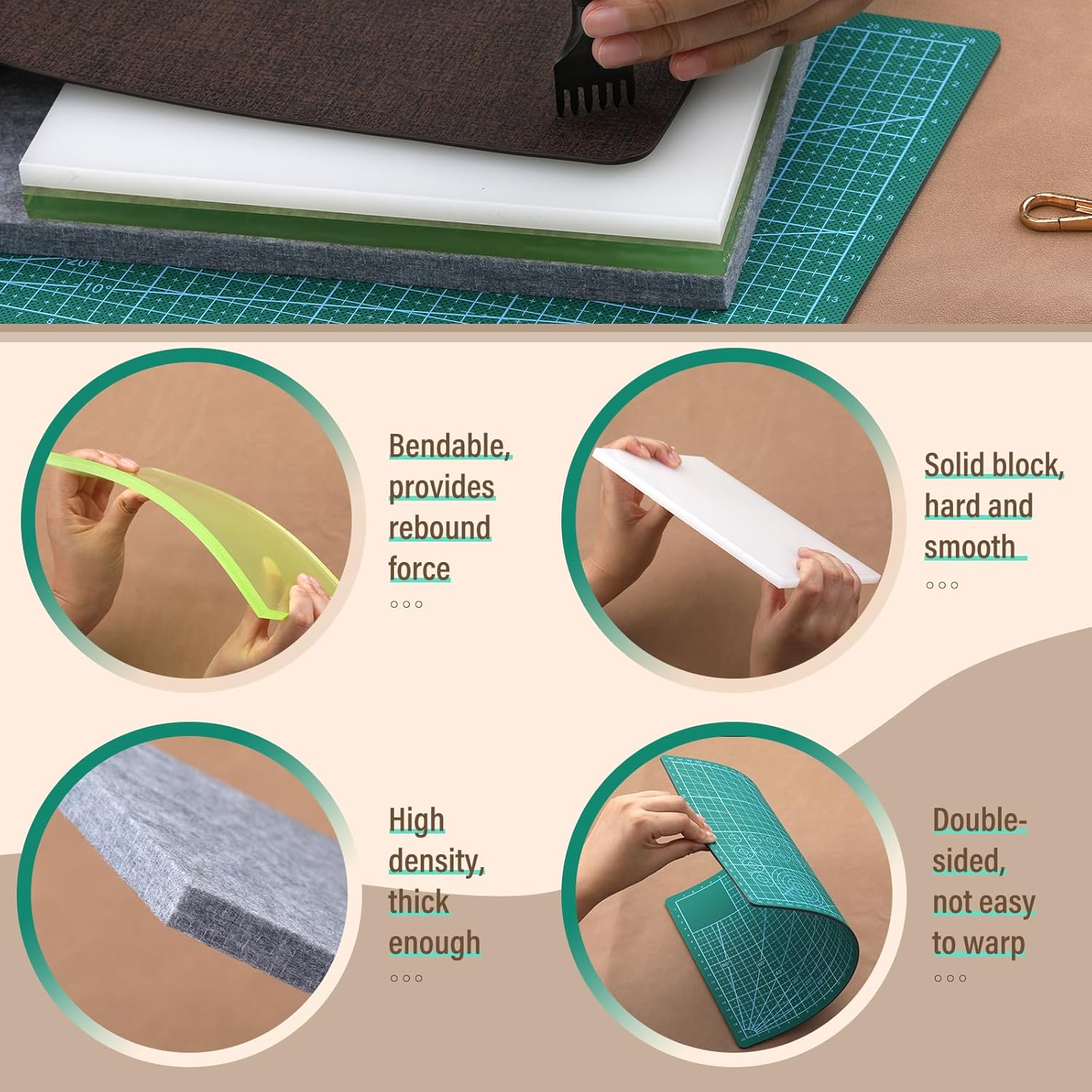 4 Pcs Leather Punch Pads, Leather Cutting Mat, Sound Absorbing Pad and A4 Self Healing Cutting Mat, Punching Tools for DIY Craft Lovers - Image 3