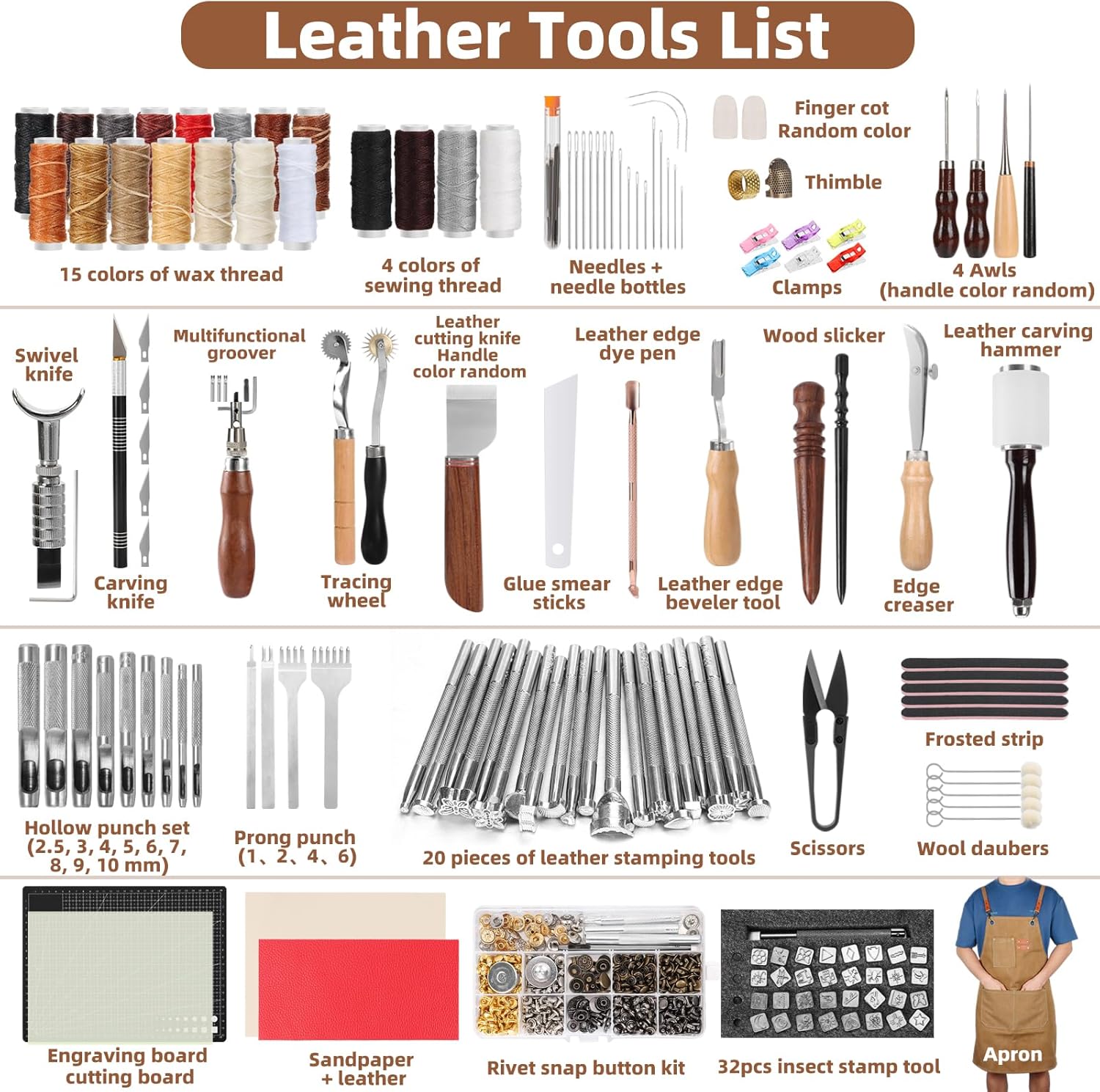 Leather Working Tooling Kit All-in-One Set Leatherworking Crafting Tools with Apron Custom Handbag Cutting Mats Stamping Engraving Punching Sewing Sanding Tools for Leather Making Repair Professional
