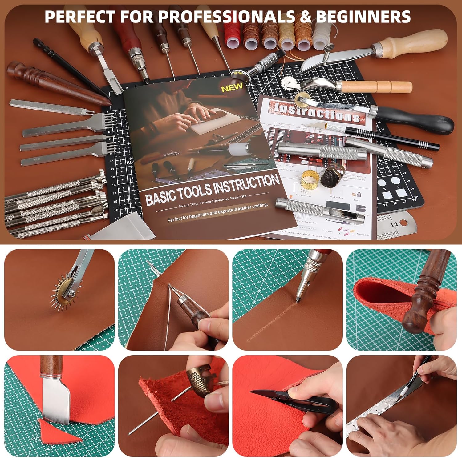 Alternative view of Leather Working Tooling Kit All-in-One Set Leatherworking Crafting Tools with Apron Custom Handbag Cutting Mats Stamping Engraving Punching Sewing Sanding Tools for Leather Making Repair Professional