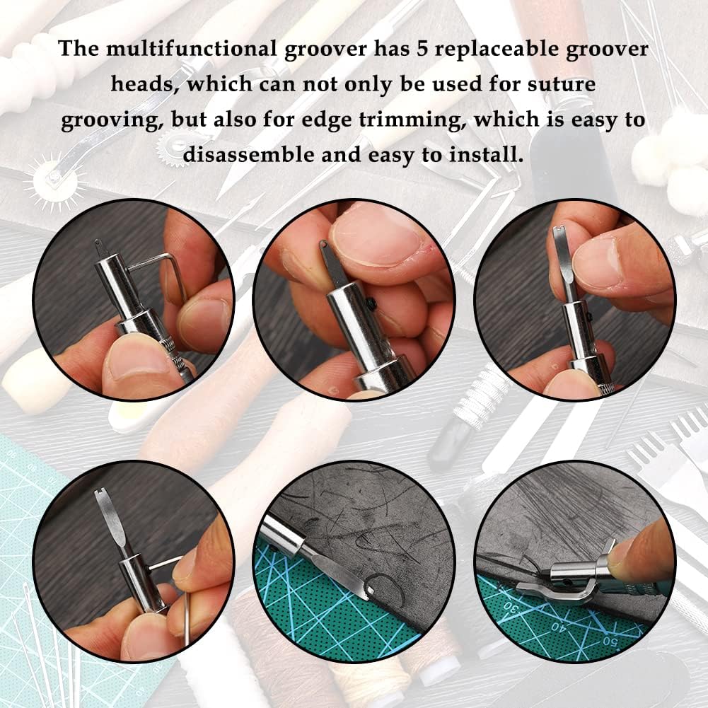 Leather Craft Tools, 60 Pieces Leather Working Tools and Supplies with Storage Bag Cutting Mat Prong Punch Groover Edge Creaser Stamping Carving Knife Awl Hammer for Craft Making DIY Sewing - Image 4