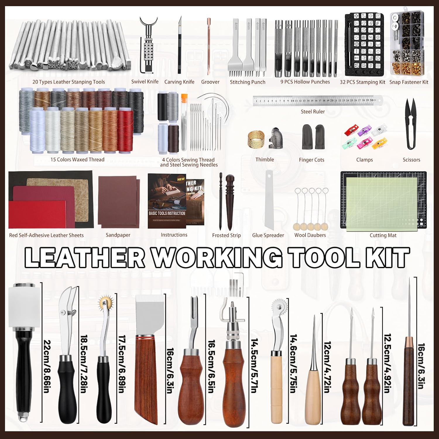 CBHGFEA Leather Working Kit, Leather Working Tools and Crafting Kit with Custom Storage Bag, Engraving, Cutting, Sewing, Stamping, Sanding Supplies for DIY Handicraft Making and Repair