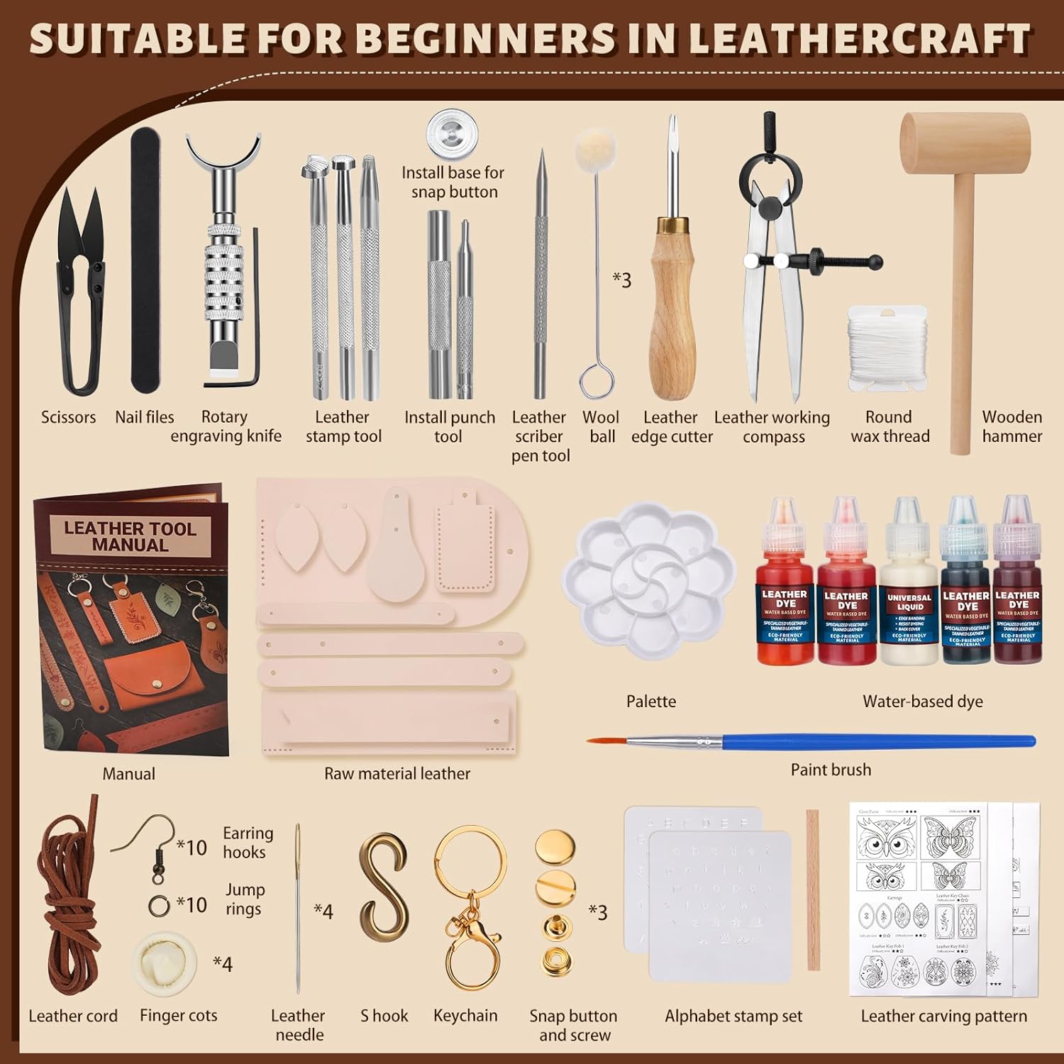 Leather Crafting Kit: Leather Working Tools and Supplies for DIY Craft Beginners Stamping Dyeing Carving Sewing Edge Sealing with Video Tutorials for Earrings Wallet Keychain Wristband Bookmark