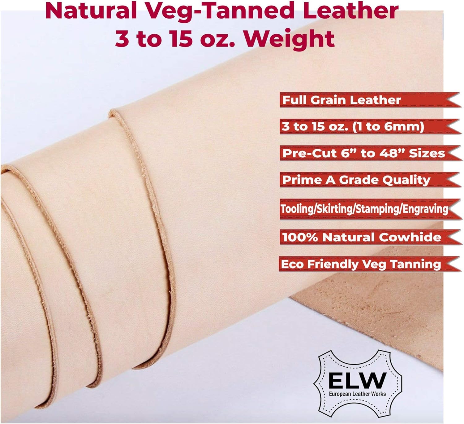 ELW Vegetable Tanned Import Tooling Leather 6/7 oz. (2.4-2.8 mm) Thickness Weight | Pre-Cut 12"x24"| Cowhide Full Grain Leather Handmade Crafting, Sewing, Molding, Workshop, Hobby, Projects