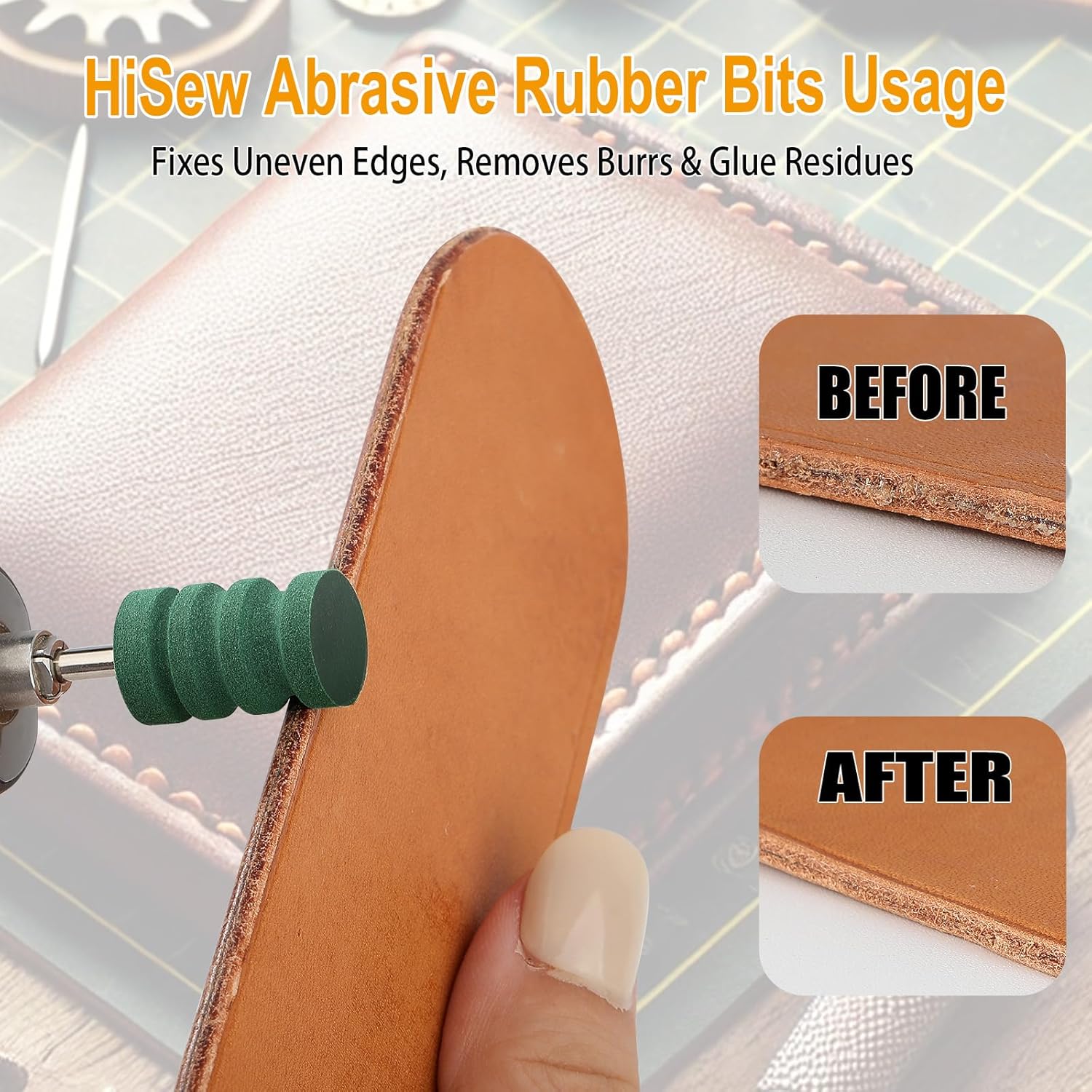 Alternative view of Hisew Leather Edge Burnishing Bits – Standard Set of 6 for Smoothing & Polishing Medium-Firm Leather Edges, Like Veg-Tan (400 Grit Sanding Bits + Beechwood Burnishers), Compatible with Rotary Tools