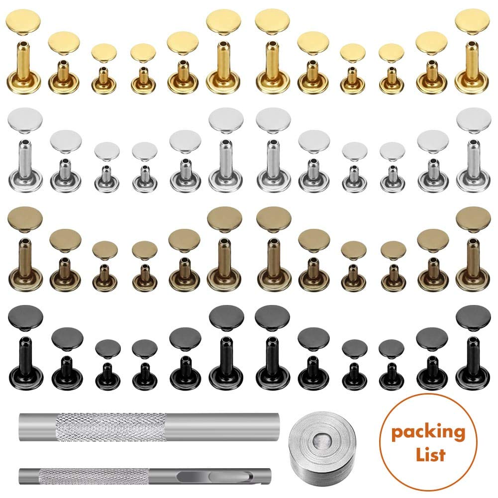 Selizo 480 Sets Small Double Cap Leather Rivets 4 Colors 3 Sizes (Cap Diameter: 6mm/8mm/8mm) Tubular Metal Studs with 3 Pieces Setting Tool Kit for Leather Craft Repairs Decoration