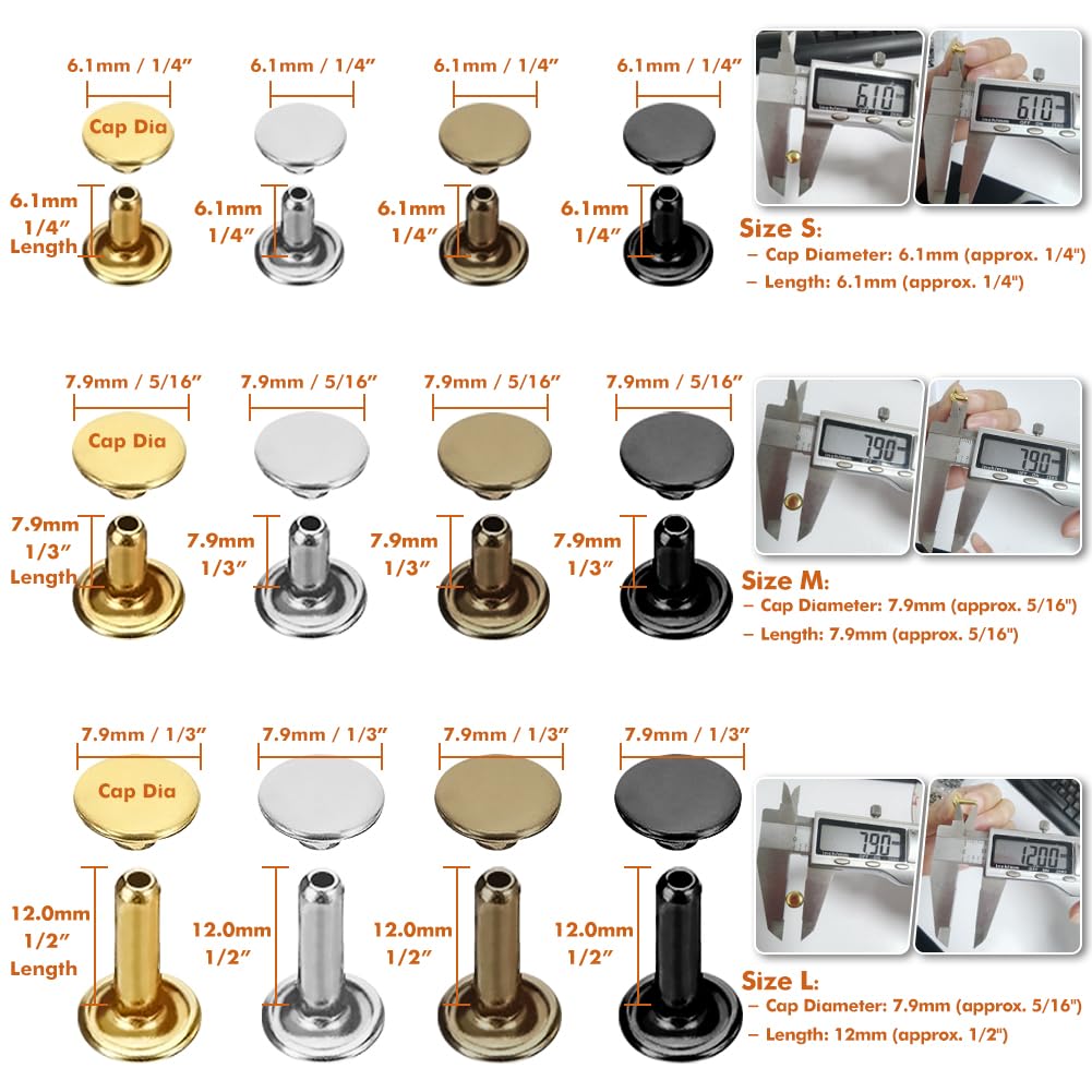 Alternative view of Selizo 480 Sets Small Double Cap Leather Rivets 4 Colors 3 Sizes (Cap Diameter: 6mm/8mm/8mm) Tubular Metal Studs with 3 Pieces Setting Tool Kit for Leather Craft Repairs Decoration