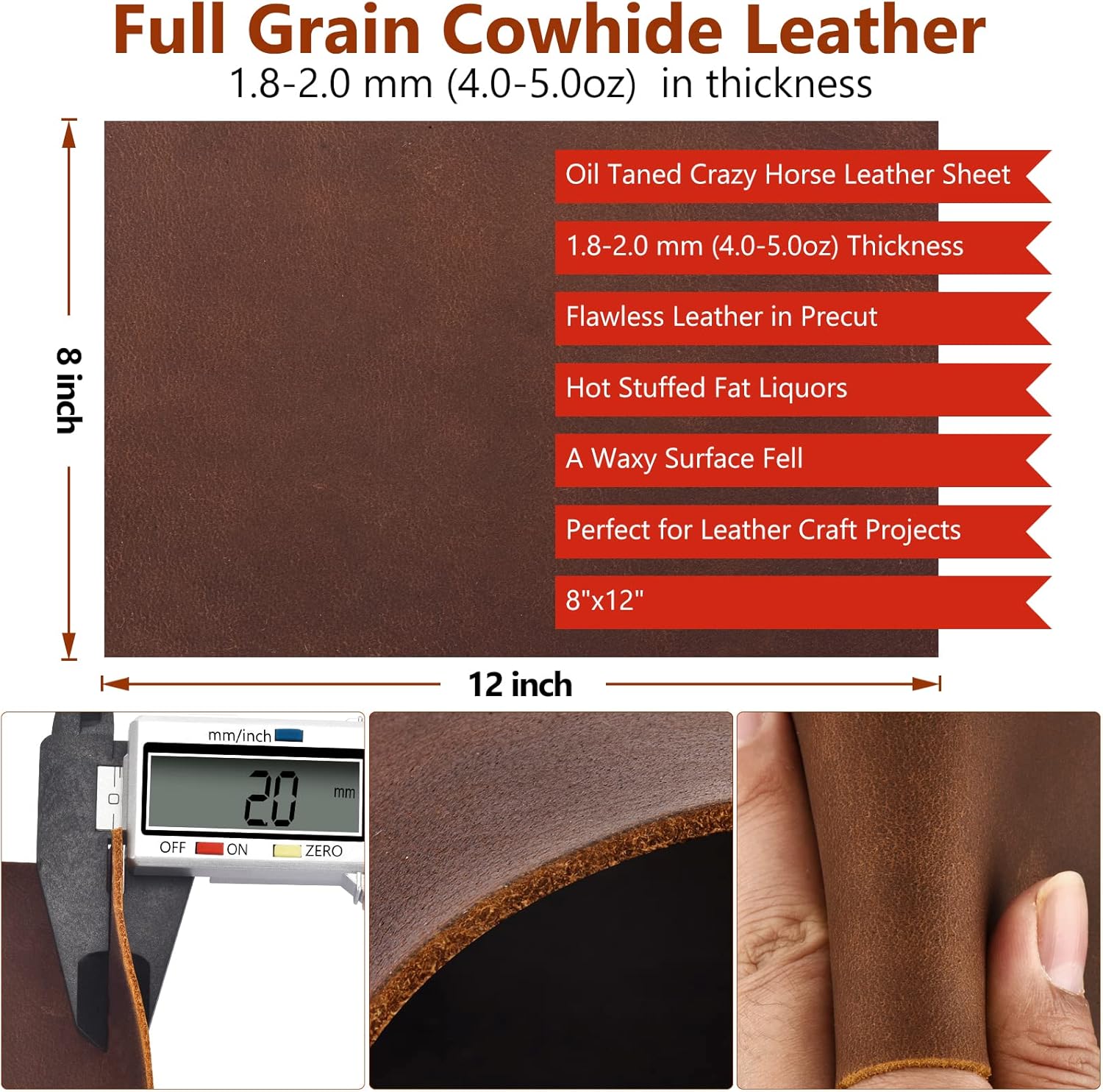 Genuine Leather Tooling Sheets 1.8-2.0MM Thick Full Grain Oil Tan Crazy Horse Cowhide Leather Sheets for Crafts Tooling Sewing Wallet Earring Hobby (Brown, 8"x12")