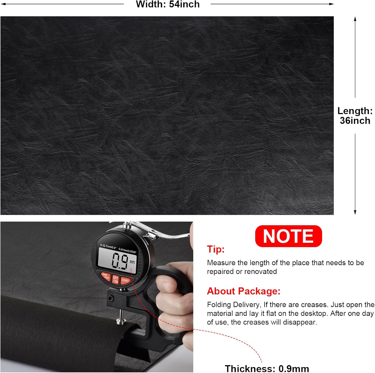 Faux Leather Fabric, Soft Synthetic PU Fabric Material, Thick Durable Synthetic Repholstery Leather Vinyl, Soft Touch Distressed DIY Crafts, Upholstery - Individual 1 Yards Cut 36" x 54"- Black - Image 3