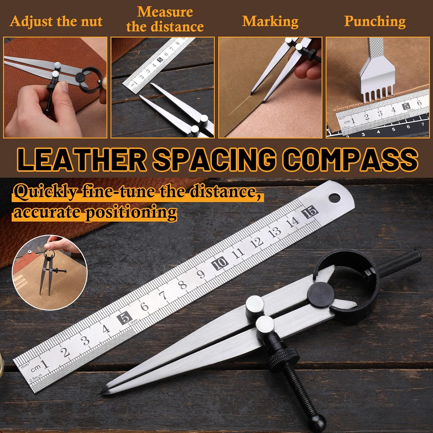 Alternative view of Leather Working Tools Kit Includes Cutting Knife, Edge Burnisher, 1/2/4/6 Stitching Punch, Leather Compass Geometry Tool and Steel Ruler for DIY Leathercraft DIY Projects