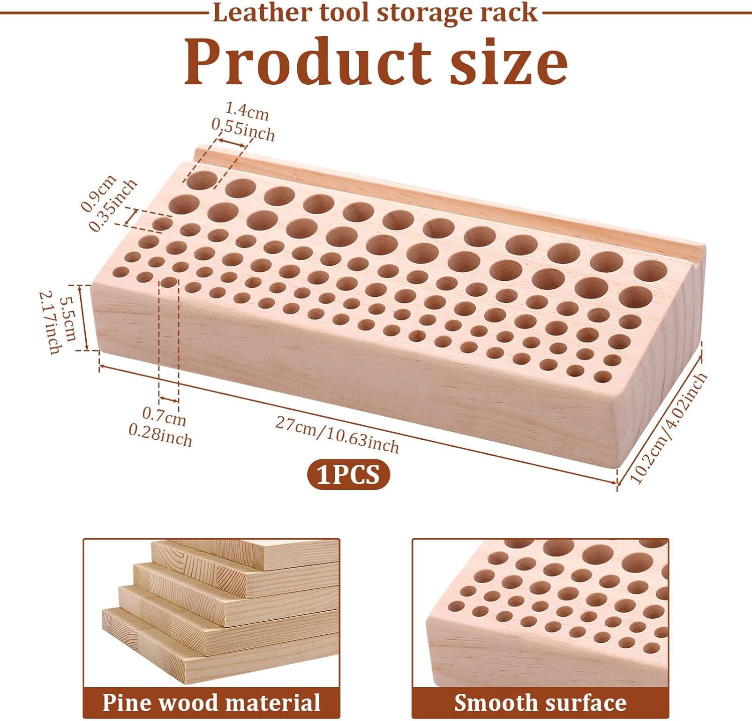 kjcbkcb Leather Craft Tool Holder, Drilling Design Wooden Leathercraft Stand Organizer with 98 Holes and 3 Slots, Leather Working Tool Rack for Punch Tools Storage