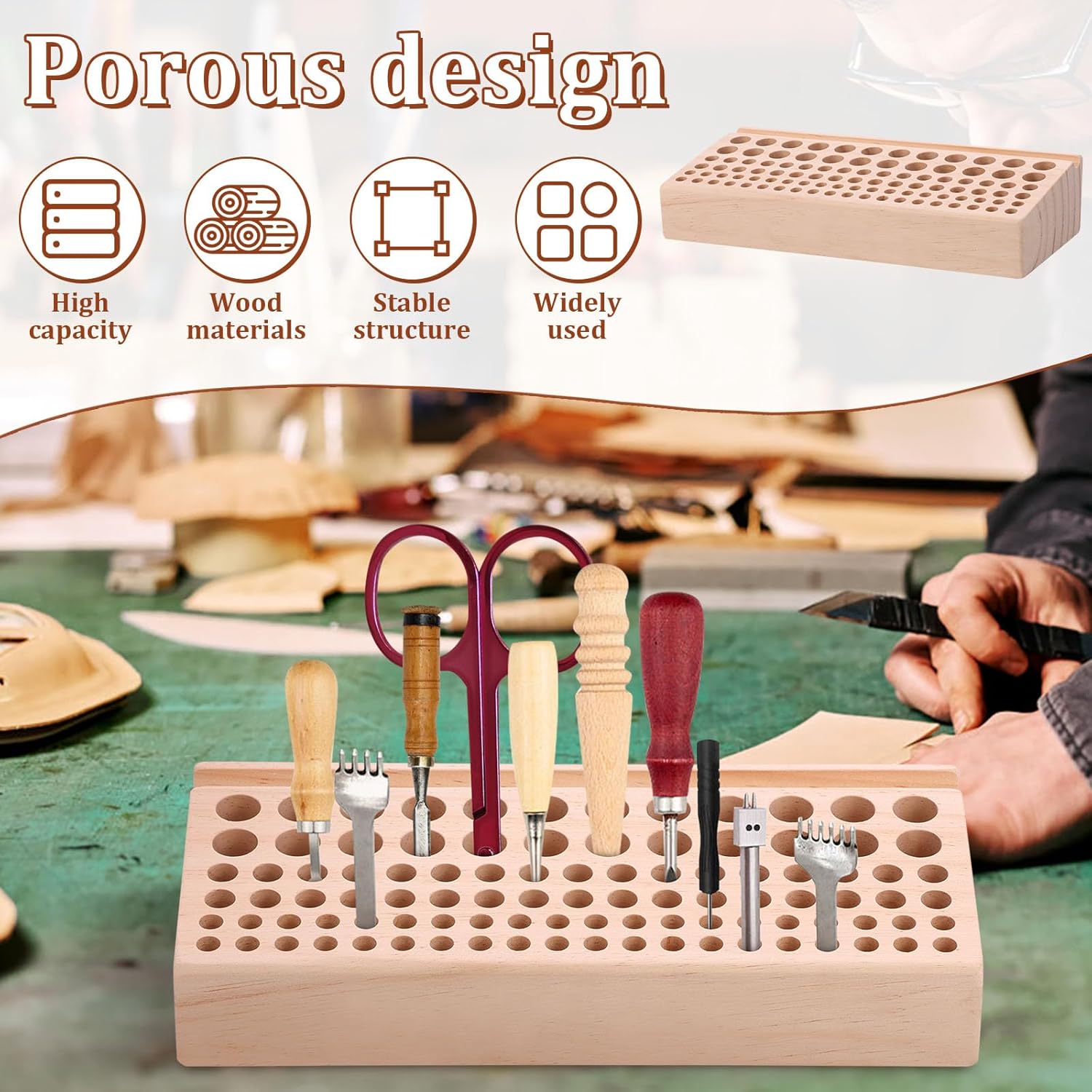 Alternative view of kjcbkcb Leather Craft Tool Holder, Drilling Design Wooden Leathercraft Stand Organizer with 98 Holes and 3 Slots, Leather Working Tool Rack for Punch Tools Storage