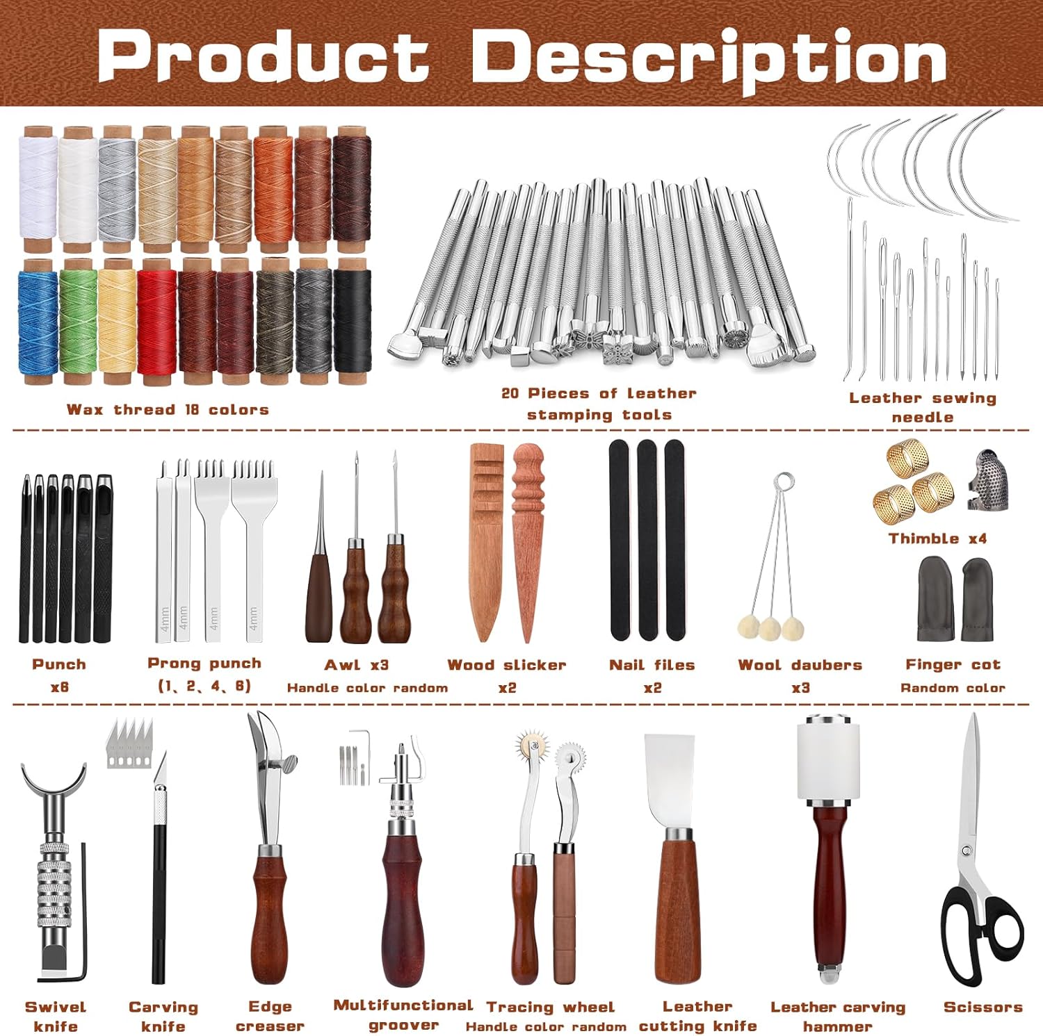 TLKKUE Leather Working Tool Leatherworking Tool Kit with Custom Storage Bag for Carving Punching Sewing Stamping, Essential Supplies for DIY Leather Crafts