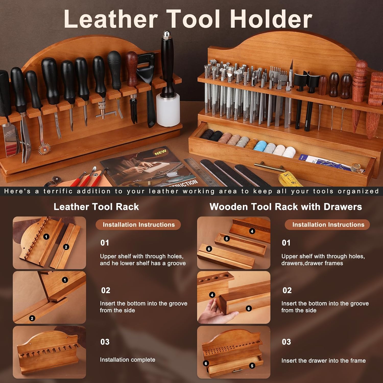 BUTUZE Leather Tools, Leather Crafting Kit with Leather Tool Rack, Leather Working Tools Kit for Adults and Tool Supplies for Carving, Stamping, Engraving, Sewing, Cutting, Punching and DIY Crafts