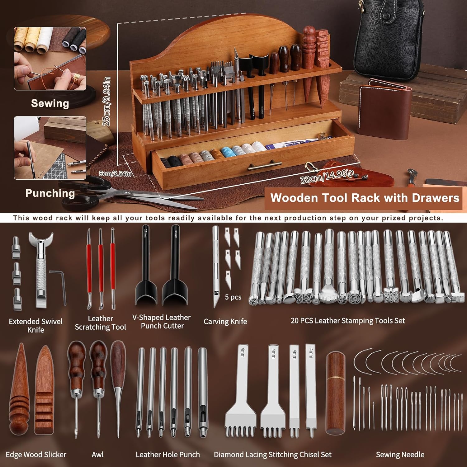 Alternative view of BUTUZE Leather Tools, Leather Crafting Kit with Leather Tool Rack, Leather Working Tools Kit for Adults and Tool Supplies for Carving, Stamping, Engraving, Sewing, Cutting, Punching and DIY Crafts