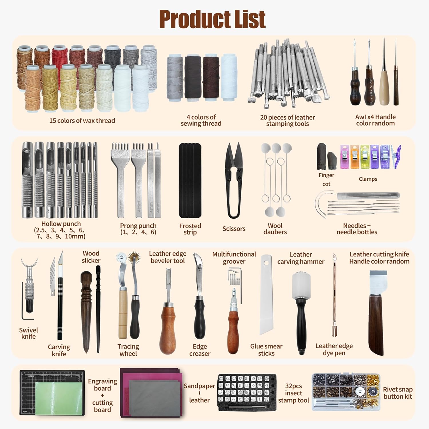 Runfider 588PCS Leather Working Tool Set, professional tools for leather craft enthusiasts beginners, contains a variety of carving, cutting, punching, sewing and stamping tools to meet all your needs