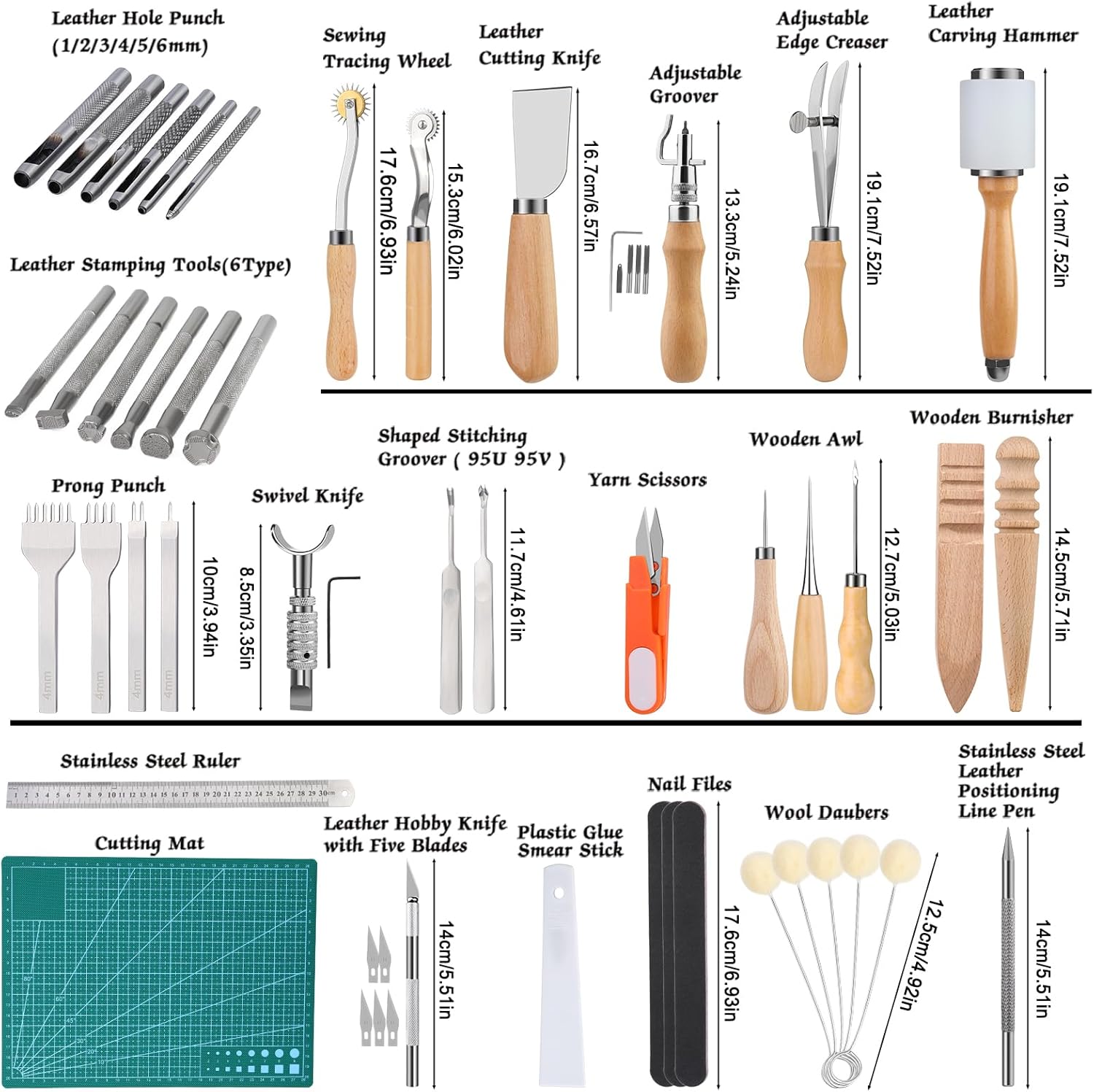 Leather Working Kit, Leather Tools, Working Tool Kits with Stamping Tools Storage Bag Cutting Mat Prong Punch Waxed Thread Stitching Groover for DIY Craft