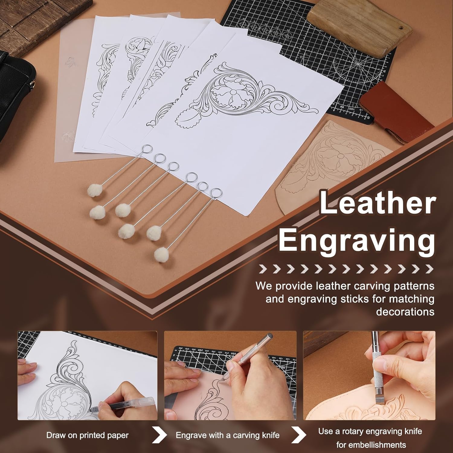 BUTUZE Leather Tools, Leather Crafting Kit with Leather Tool Rack, Leather Working Tools Kit for Adults and Tool Supplies for Carving, Stamping, Engraving, Sewing, Cutting, Punching and DIY Crafts - Image 6