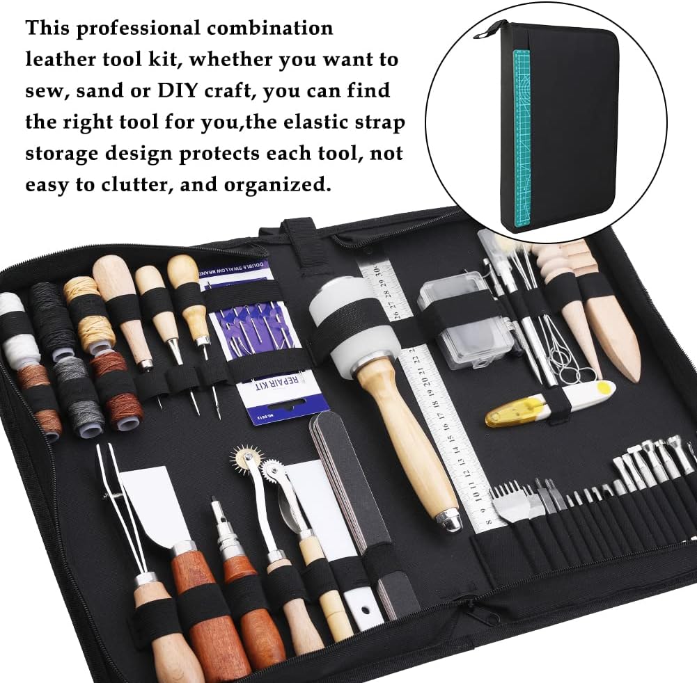 Alternative view of Leather Craft Tools, 60 Pieces Leather Working Tools and Supplies with Storage Bag Cutting Mat Prong Punch Groover Edge Creaser Stamping Carving Knife Awl Hammer for Craft Making DIY Sewing