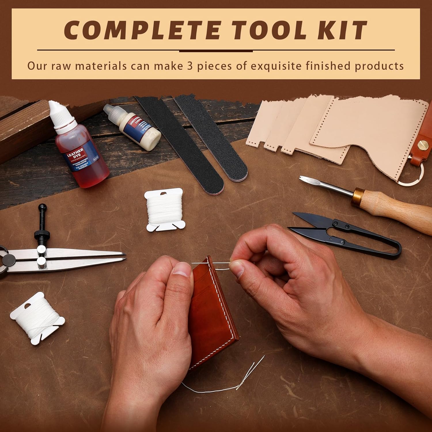 Alternative view of CBHGFEA 51-Piece Leather Working Kit: CBHGFEA Craft Tools Set with Edge Beveler Vegetable Tanned Leather Compass Wax Thread Video Tutorials for Wallets Card Holders and Keychains Crafts for Adults