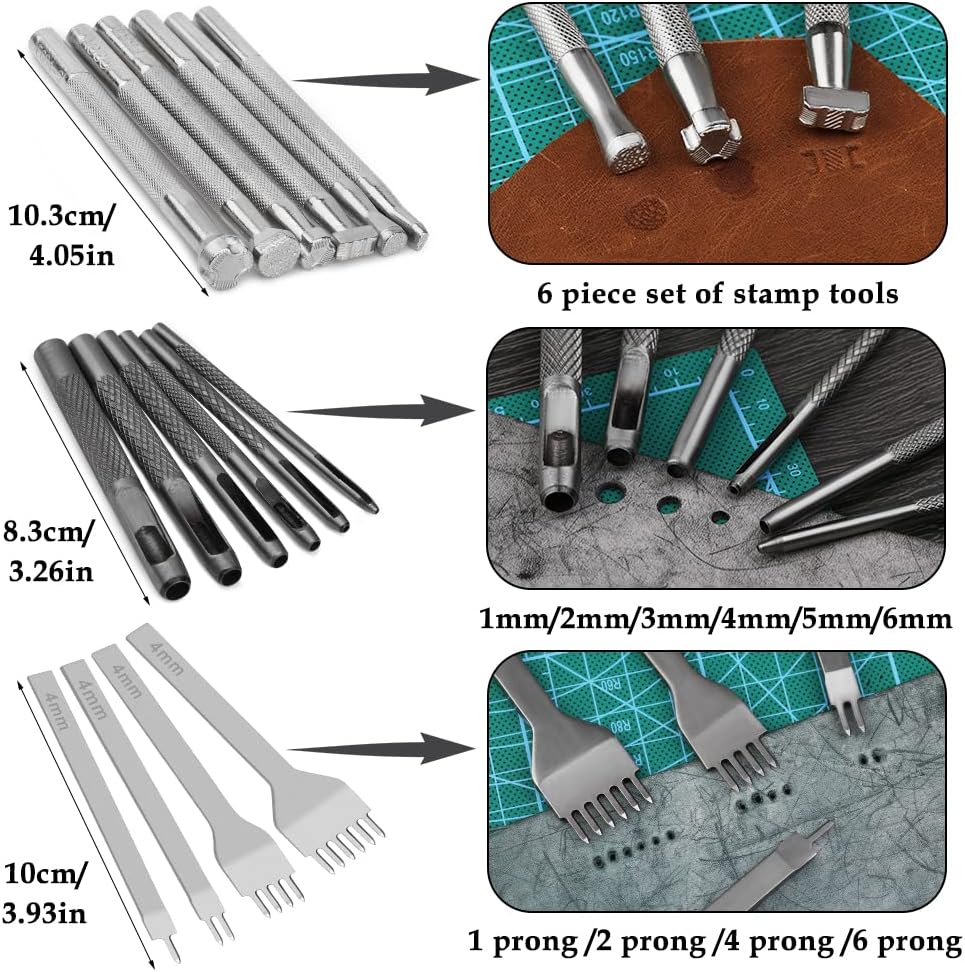 Leather Craft Tools, 60 Pieces Leather Working Tools and Supplies with Storage Bag Cutting Mat Prong Punch Groover Edge Creaser Stamping Carving Knife Awl Hammer for Craft Making DIY Sewing - Image 3