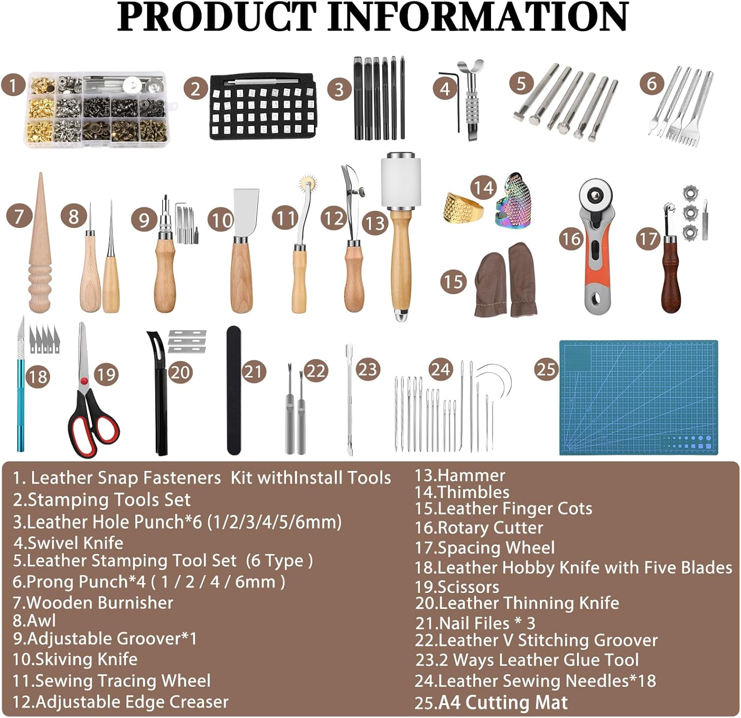 SOCNITC Leather Craft Tools, Leather Working Kit with Snaps and Rivets Kit Stamping Tools Stitching Groover Waxed Thread Punch Hole for Leathercraft Adults, Beginners
