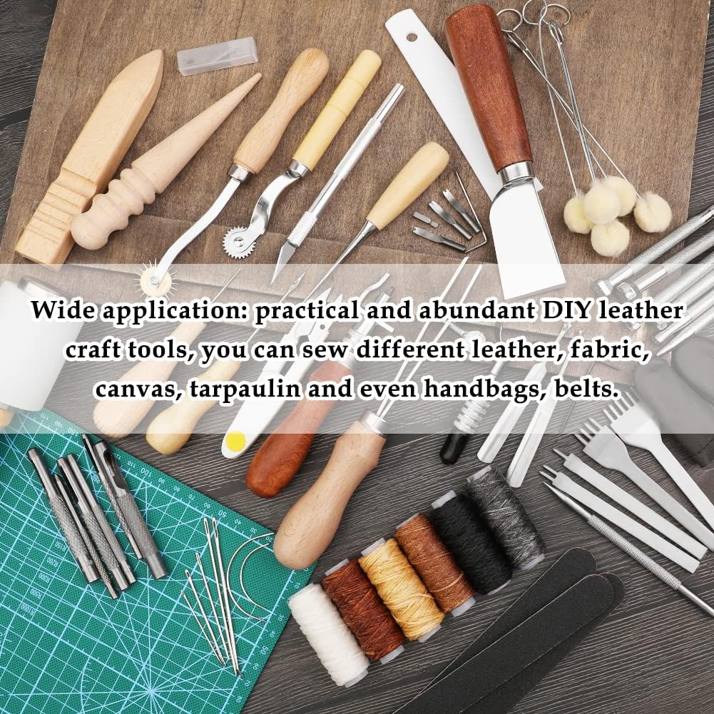 Leather Craft Tools, 60 Pieces Leather Working Tools and Supplies with Storage Bag Cutting Mat Prong Punch Groover Edge Creaser Stamping Carving Knife Awl Hammer for Craft Making DIY Sewing - Image 6
