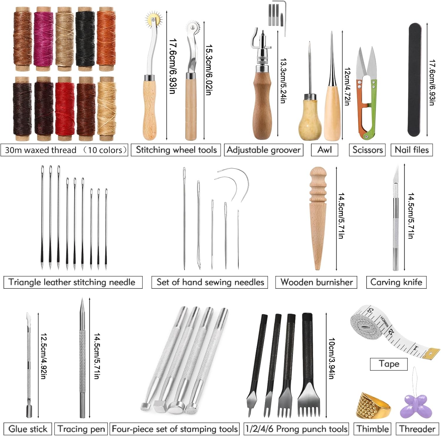 60 Pcs Leather Working Kit Leather Sewing Kit Leathers Craft Tools with Storage Bag Stamping Tools Stitching Groover Waxed Thread Prong Punch for Craft Making Stitching and Punching