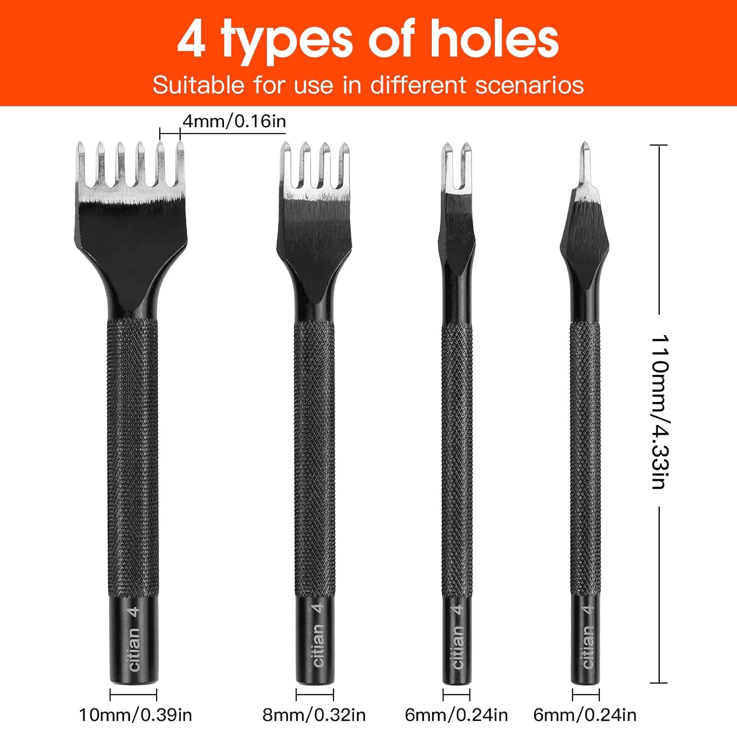 citian Mirror-Polished 4mm Leather Craft Tools Set 1/2/4/6Prong DIY Diamond Stitching Leather Punch, Tapered Punch with Inner Teeth Polishing for Smooth Labor-Saving Operation