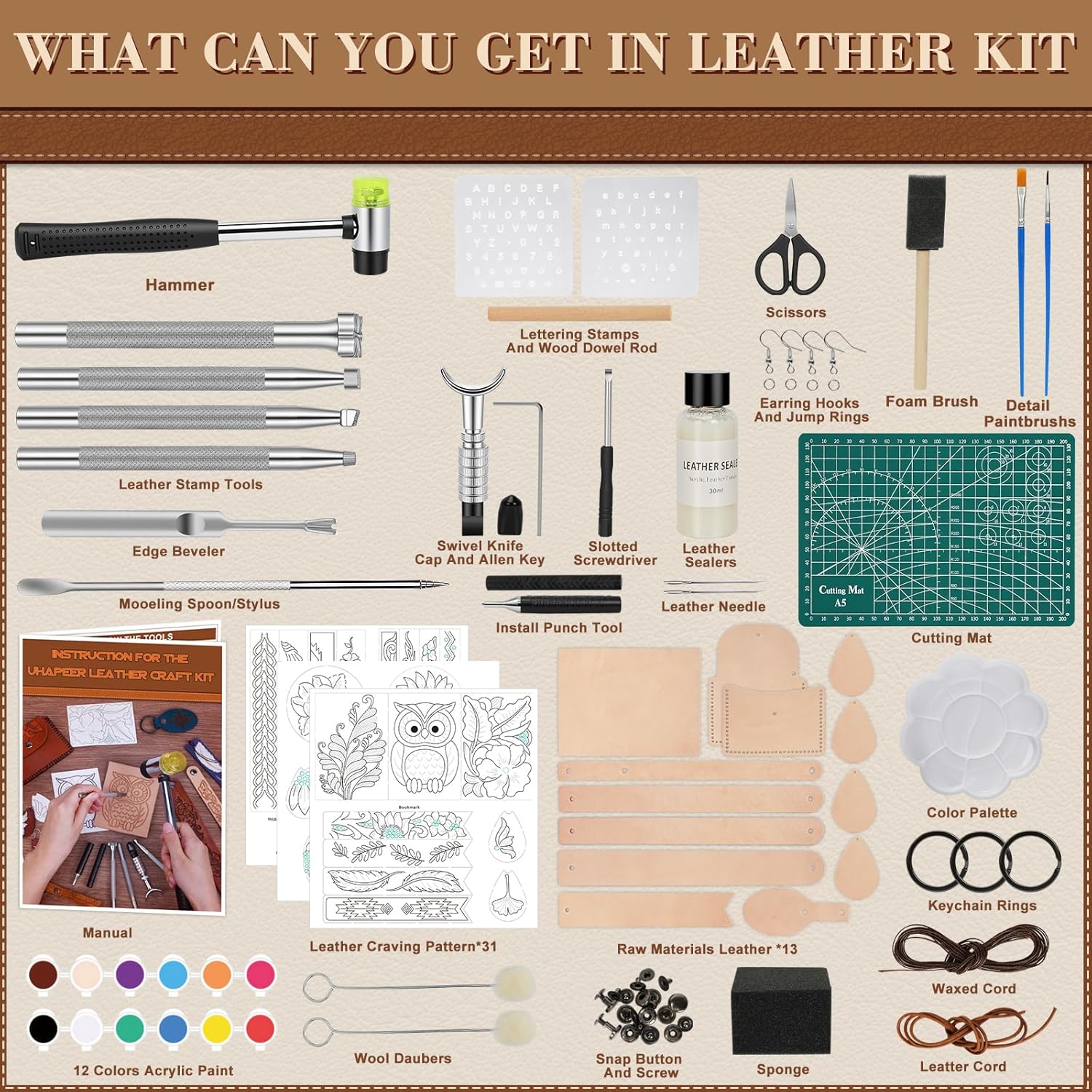 UHAPEER 88PCS Leather Crafting Kit: Leather Working Tools and Supplies for Adult, with Stamping Dyeing Carving Tools, Video Tutorial for Beginners to DIY Earring Wallet Keychain Wristband