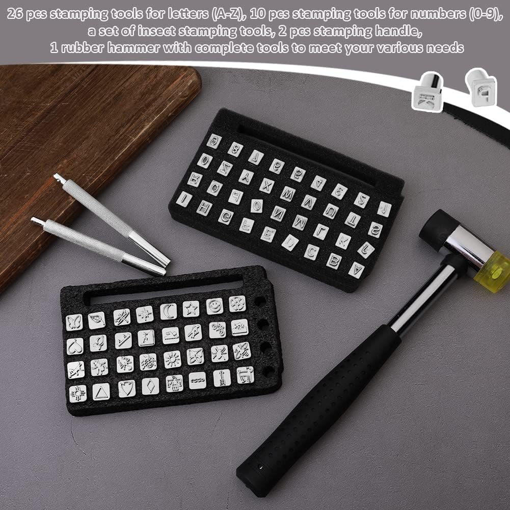 71 PCS Leather Stamping Tools, with 68 PCS Letters, Numbers and Patterns, 2 PCS Punch Tools, Leather Stamp Set for Leather Working - Image 3