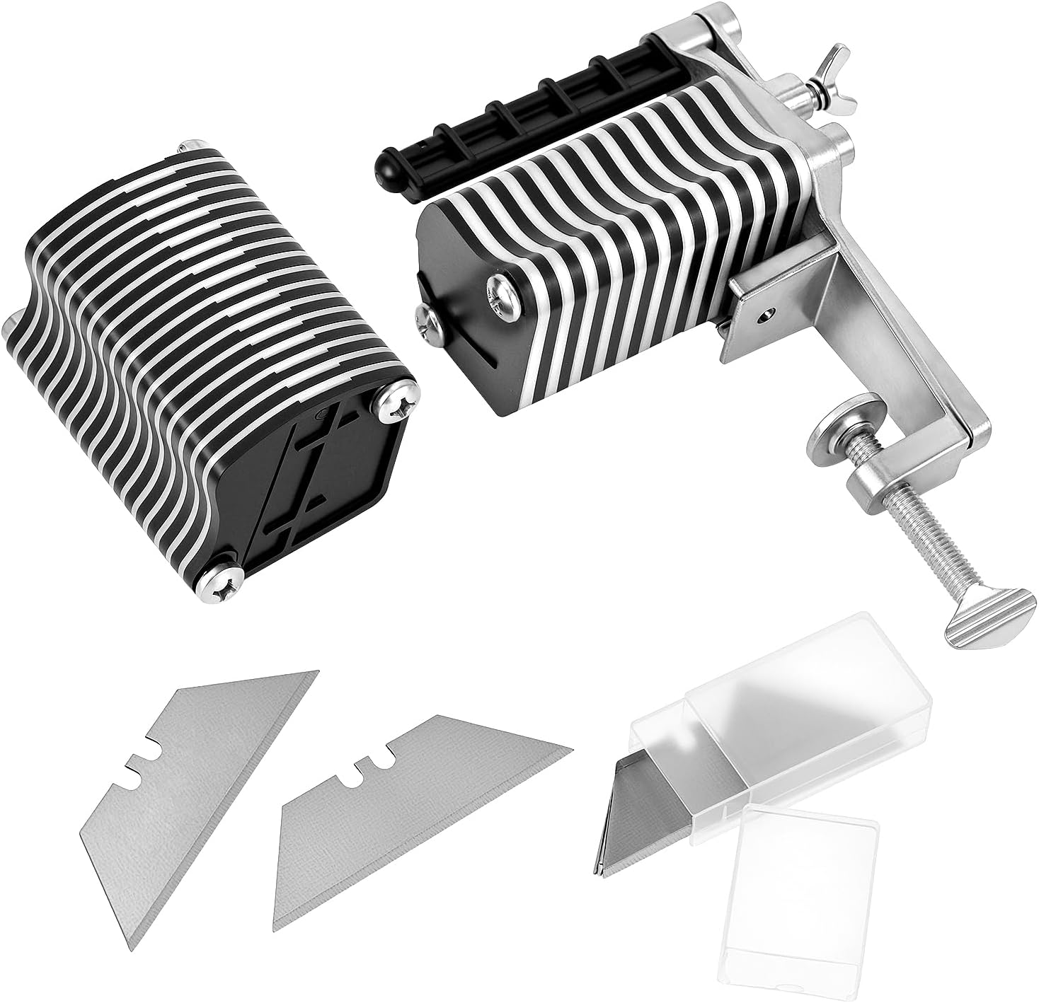 QWORK Leather Table Top Lace Cutter – Manual Fringe, Braiding Strip Belts, and Laces Cutting Tool with 5 Replaceable Cutter