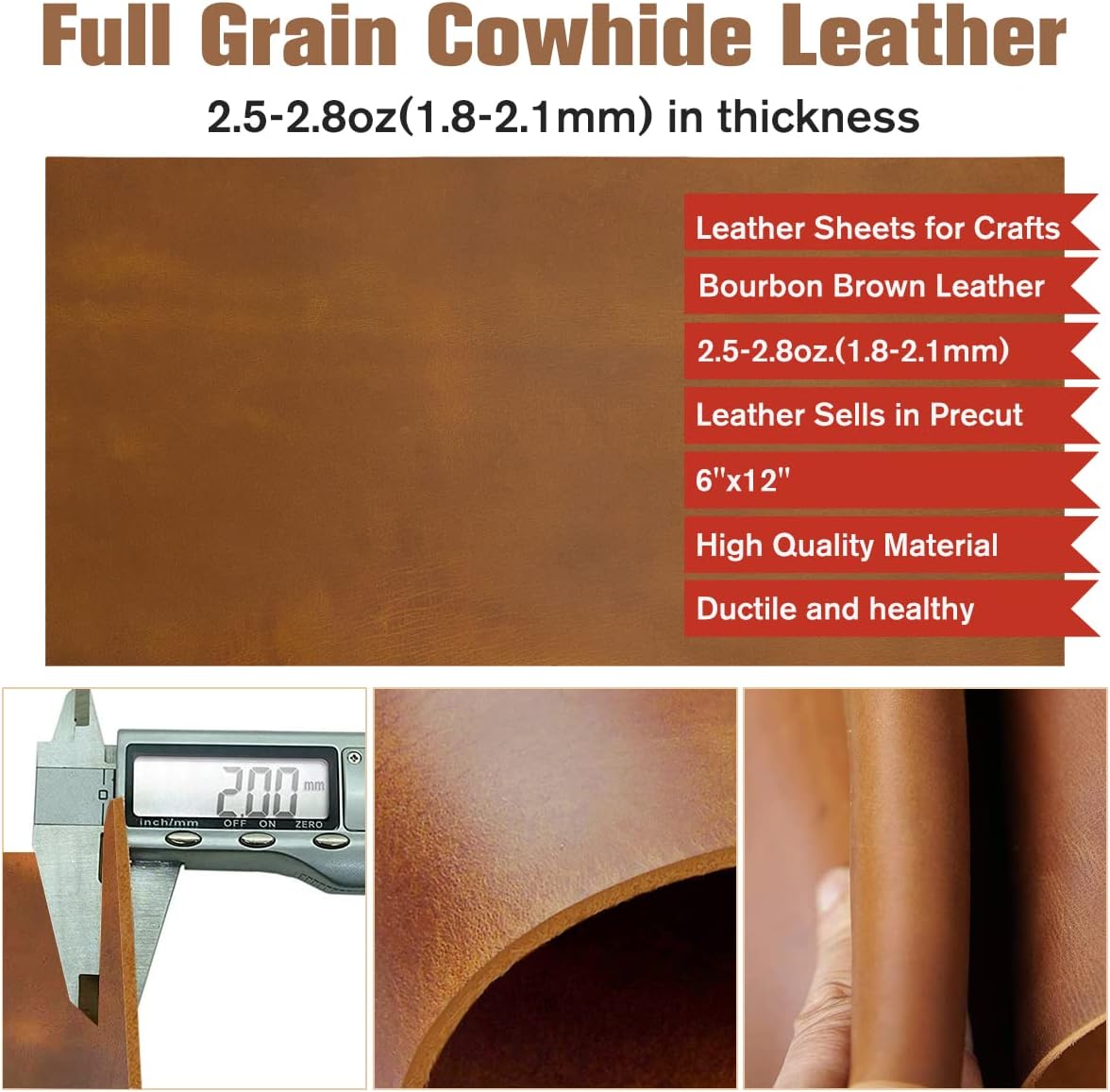 Thick Leather Sheets for Crafts Tooling Leather Square 1.8-2.1mm Full Grain Leather Pieces Genuine Cowhide Leather for Crafts Sewing Hobby Workshop Bourbon Brown 6"x12"