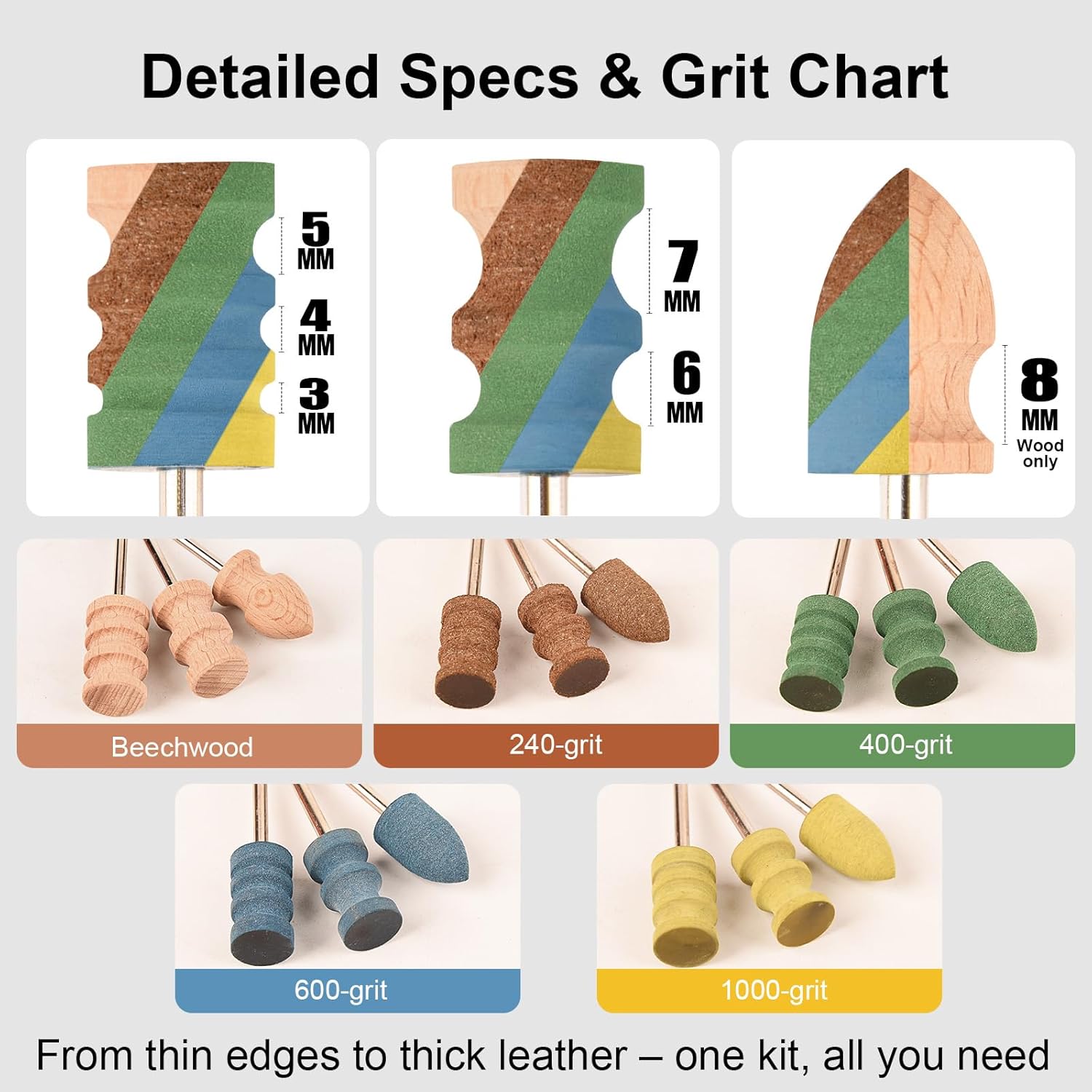 Leather Edge Burnishing Bits – Complete Set of 15 for Full Edge Finishing on Leather from Soft to Firm (240/400/600/1000 Grit Sanding Bits + Beechwood Burnishers), Compatible with Rotary Tools