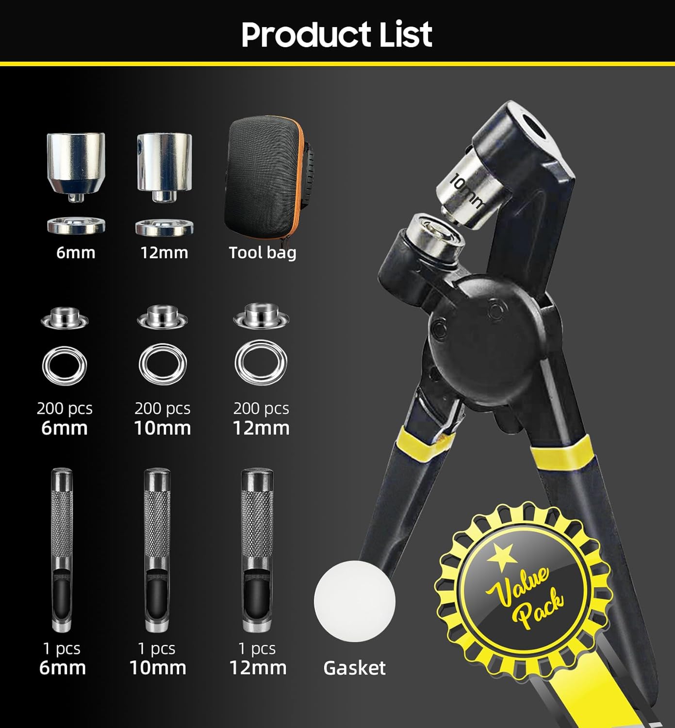 HAPDEN Grommet Tool Kit 1/2 1/4 3/8 Multi-Size Hole Punch, 608 Pcs Heavy Duty Grommets Tool Kit, Eyelets and Grommets for Tarps, Fabric Rings, Leather, Tents, Vinyl, Canvas and so on