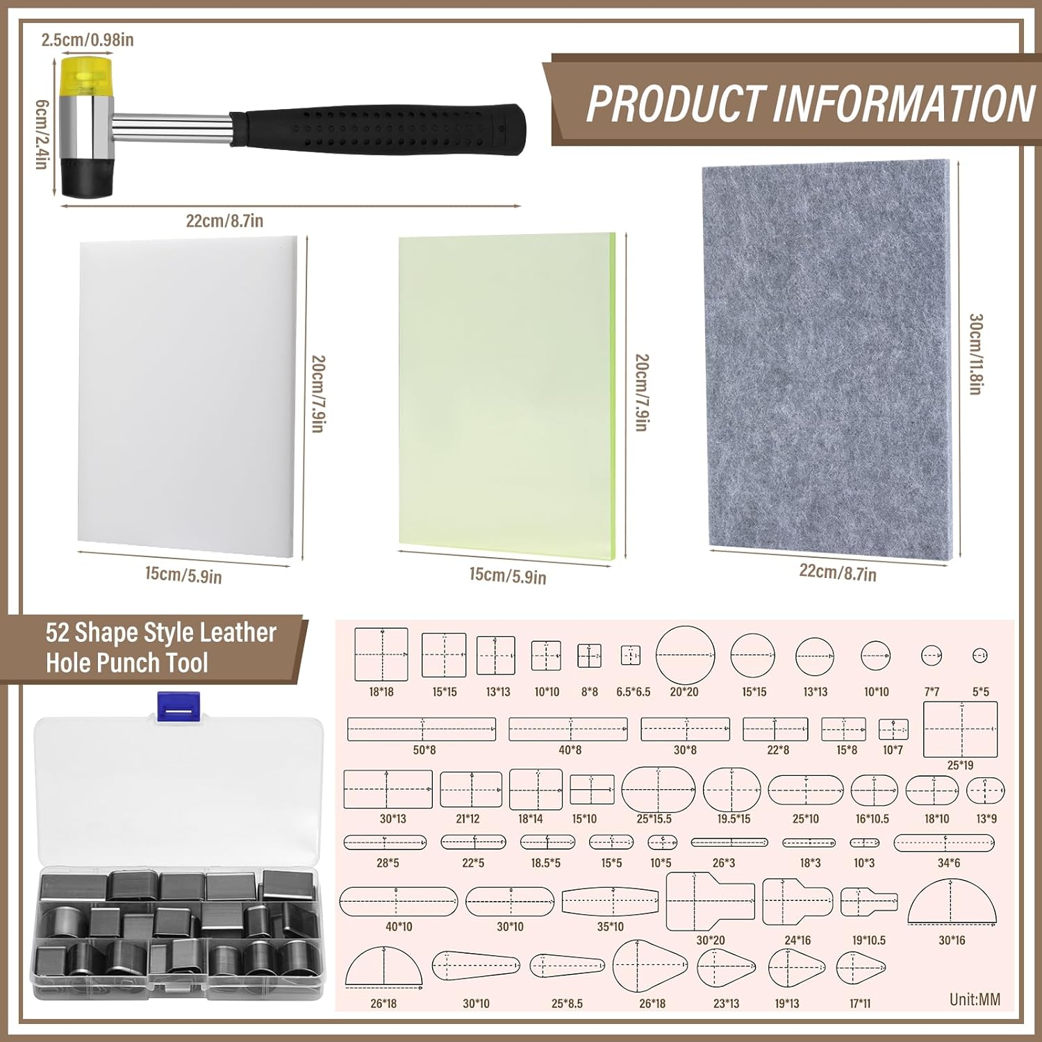 52 Shape Style Leather Hole Punch Tool, Leather Punch Mat, 3 Pcs Craft Punching Pad with Nylon Hammer and Sound Absorbing Pad for DIY Crafts