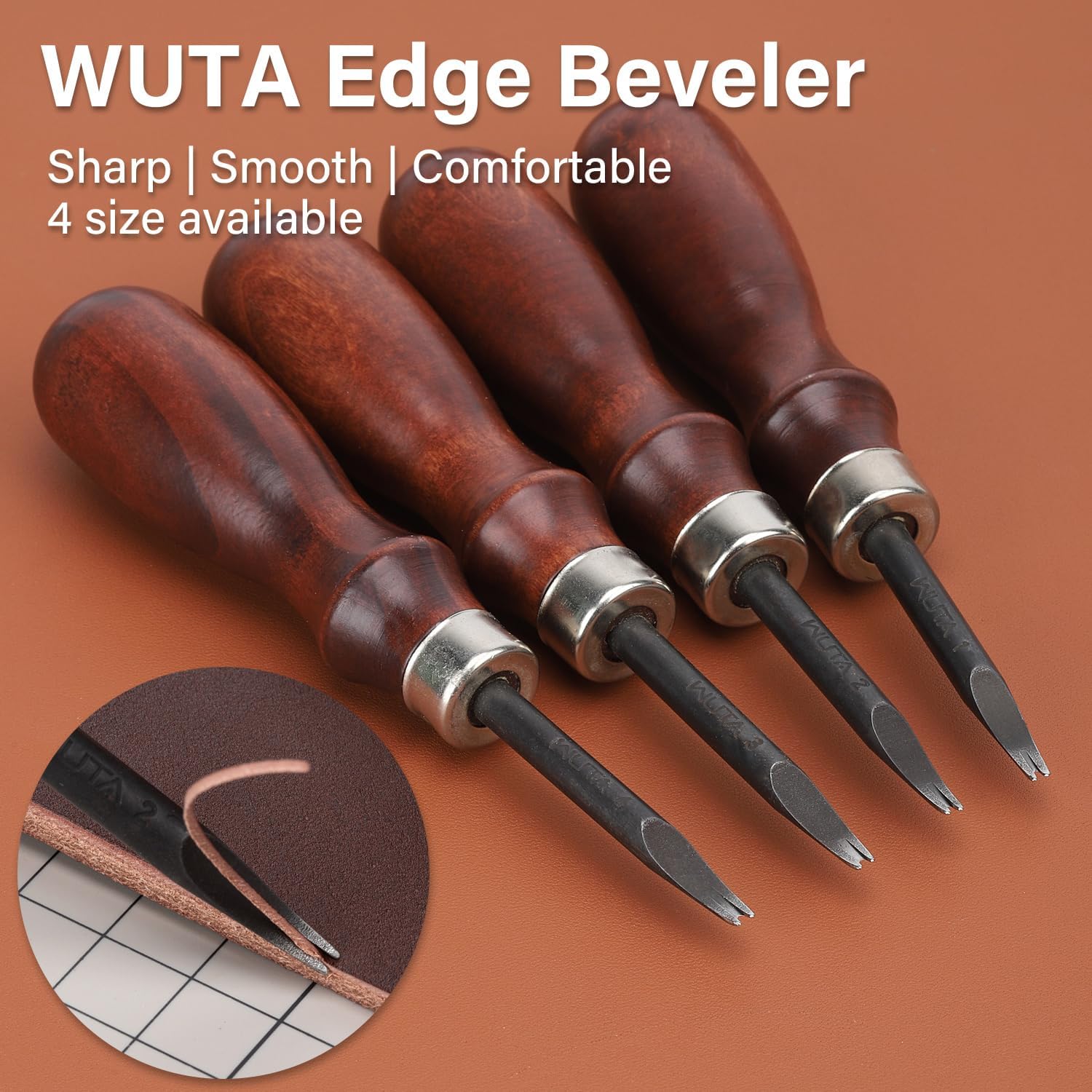 Alternative view of WUTA Leather Edge Bevelers, 4pc High Carbon Steel Edge Skiving Set, Wood Hand Edge Bevelers, Leather Craft Keen Edge Cutting for Beveling (0.8mm+1mm+1.2mm+1.4mm)