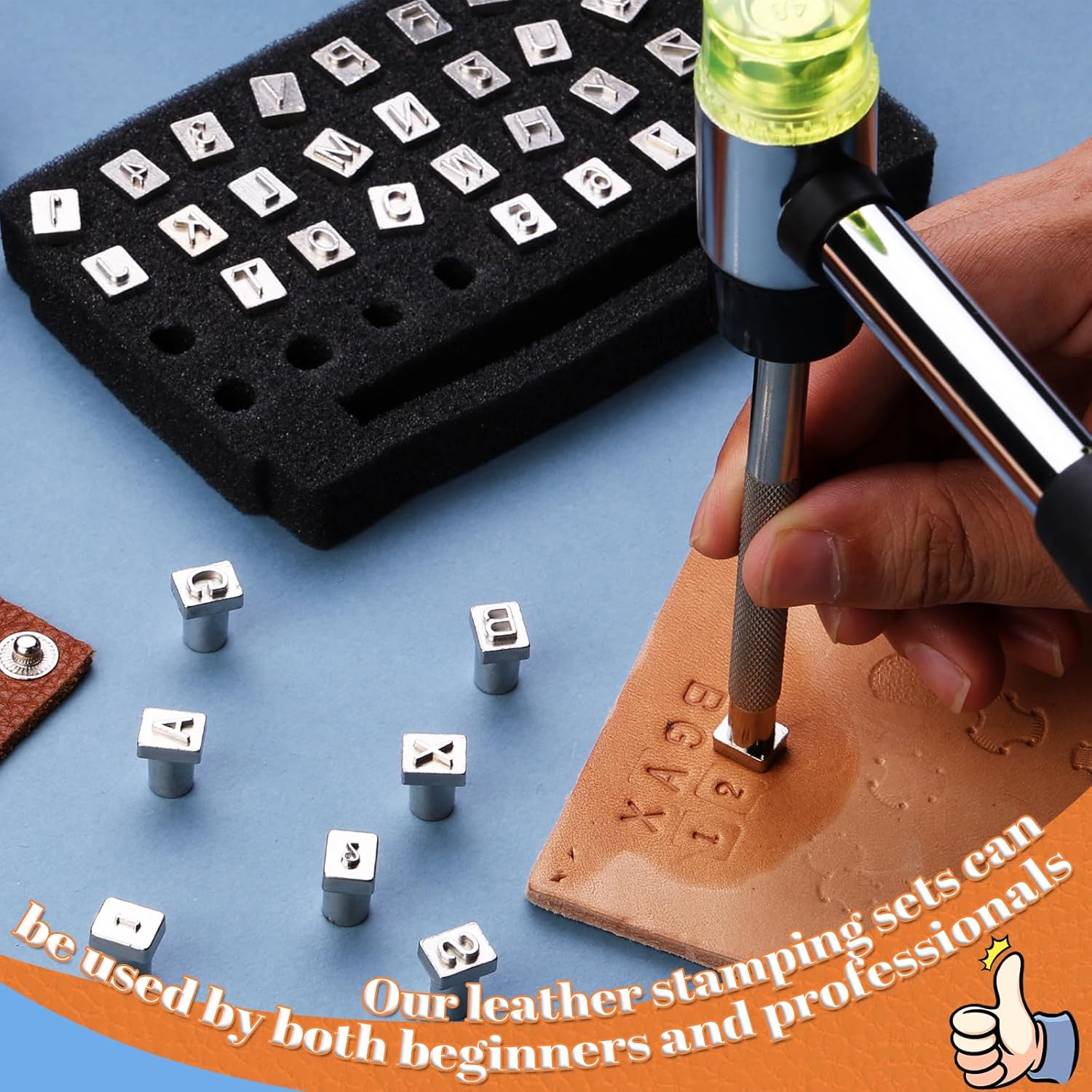 Wonvoc Leather Stamping Tools, 75 Pcs Leather Carving Tools, Letters and Numbers Patterns, Leather Carving Mallet, Leather Carving Kit, Leather Stamping Tools Geometric, Leathercraft Stamping Tools - Image 4