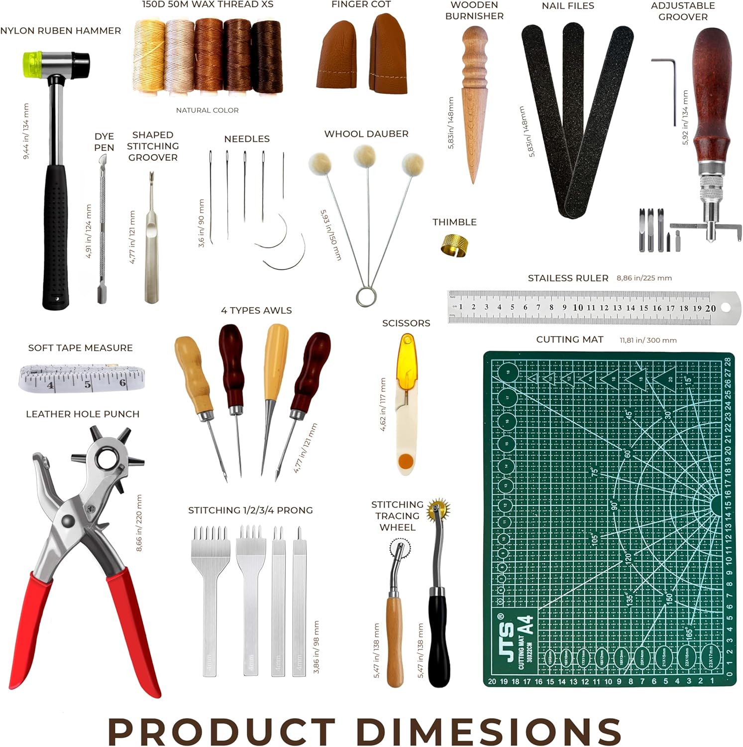 MINUS & MUKYS Leather Tools- Working & Crafting Kit: Includes Belt Hole Puncher for Leather, Upholstery Repair Kit, Awl Tool & Self-Healing Cutting Mat Ideal for Beginner