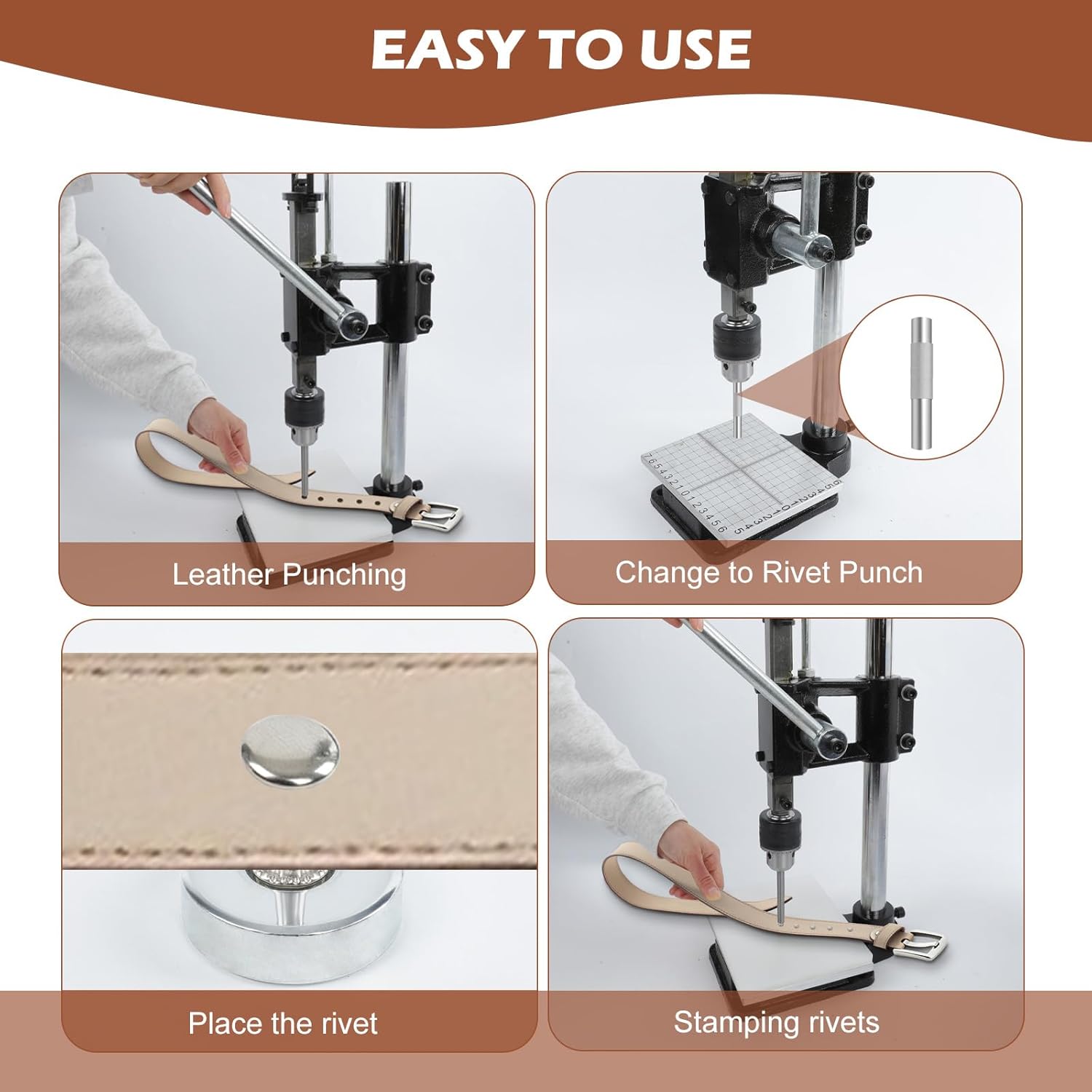 Alternative view of Leather Press Machine,Hole Puncher for DIY Leather Craft,Manual Press Punch Tools,with 9 Round Punches (1.5-6mm), 4 Stitching Prongs, 480 Rivets | Stainless Steel Pillar | Punch Puller